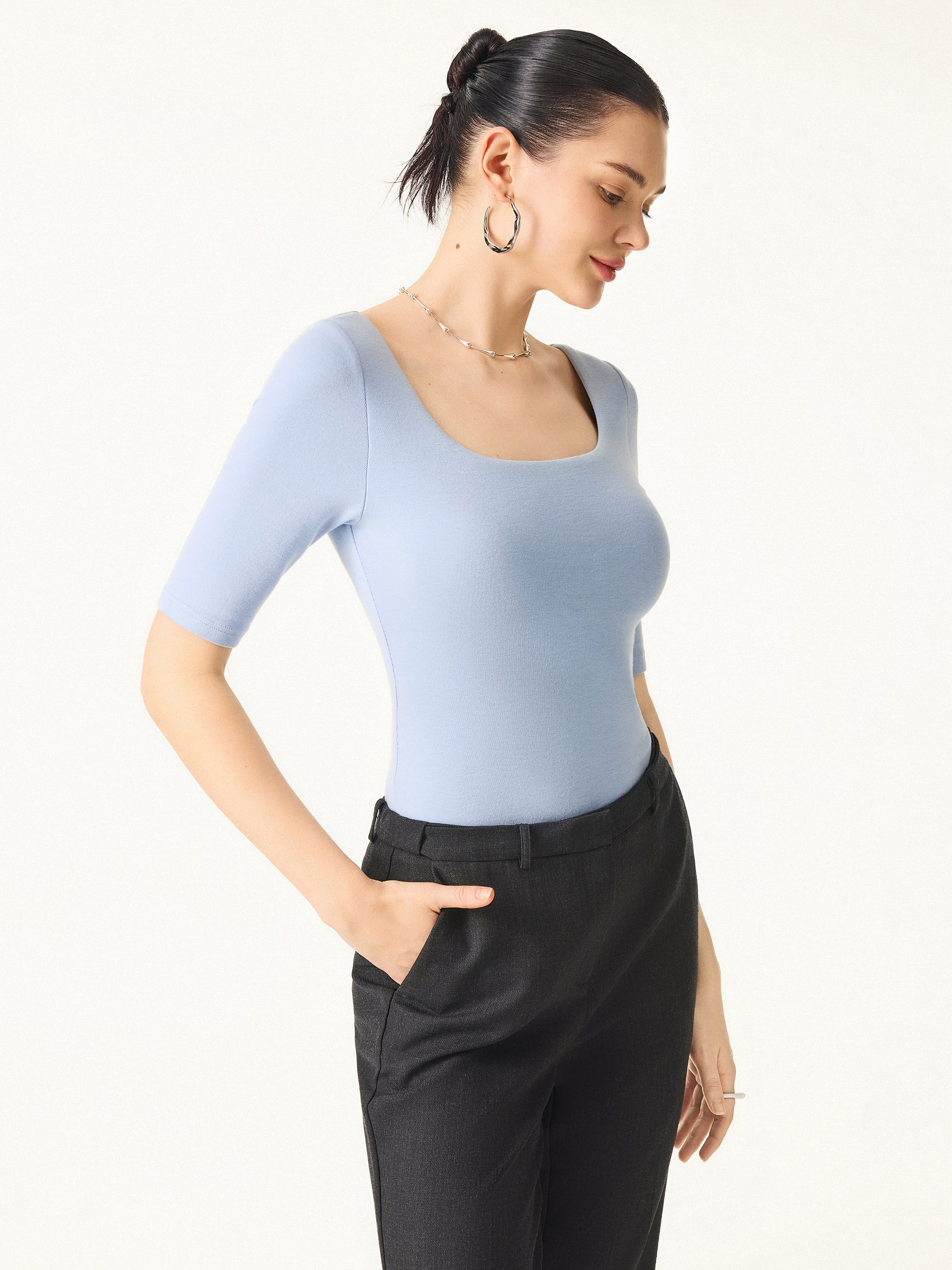 Essential Square Neck Elbow Length Sleeve Bra Top - Image 8
