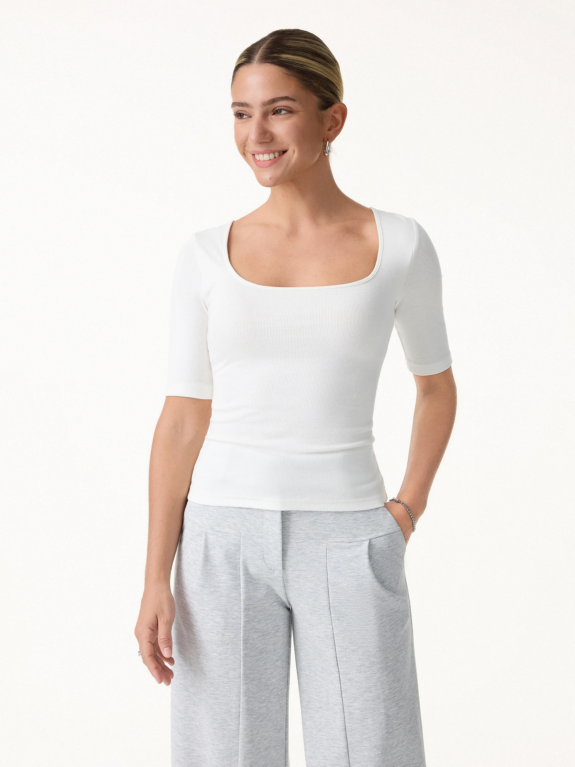 Essential Stretch Cotton Square Neck Elbow Length Sleeve Bra Top - Image 13