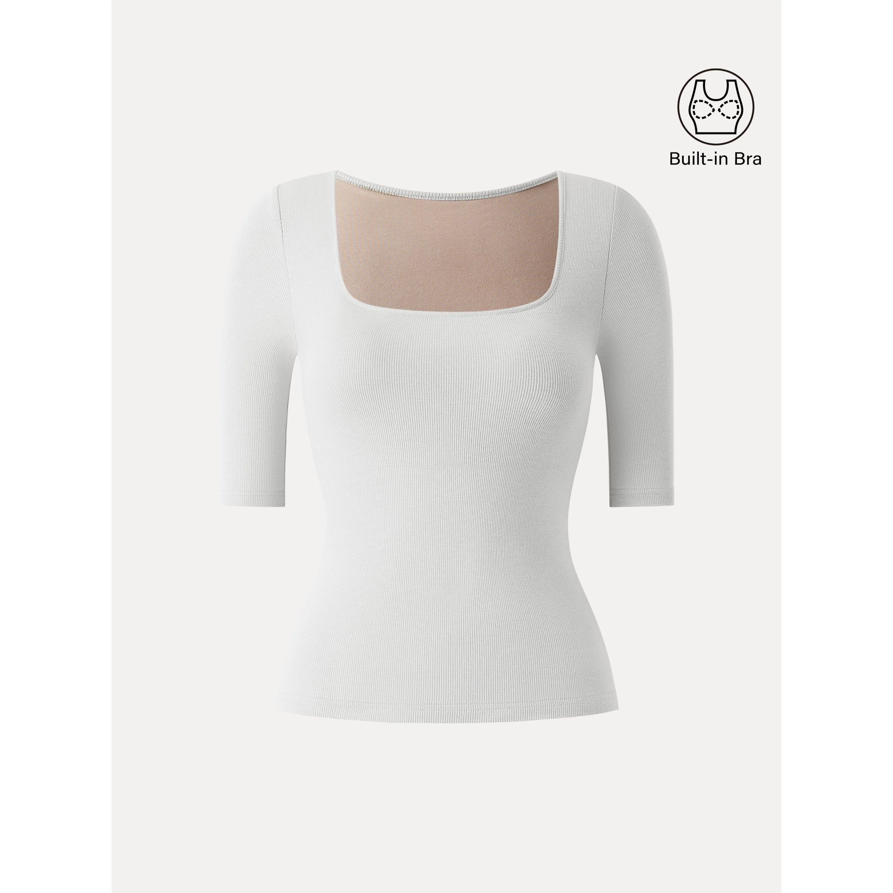 Essential Stretch Cotton Square Neck Elbow Length Sleeve Bra Top - Image 14