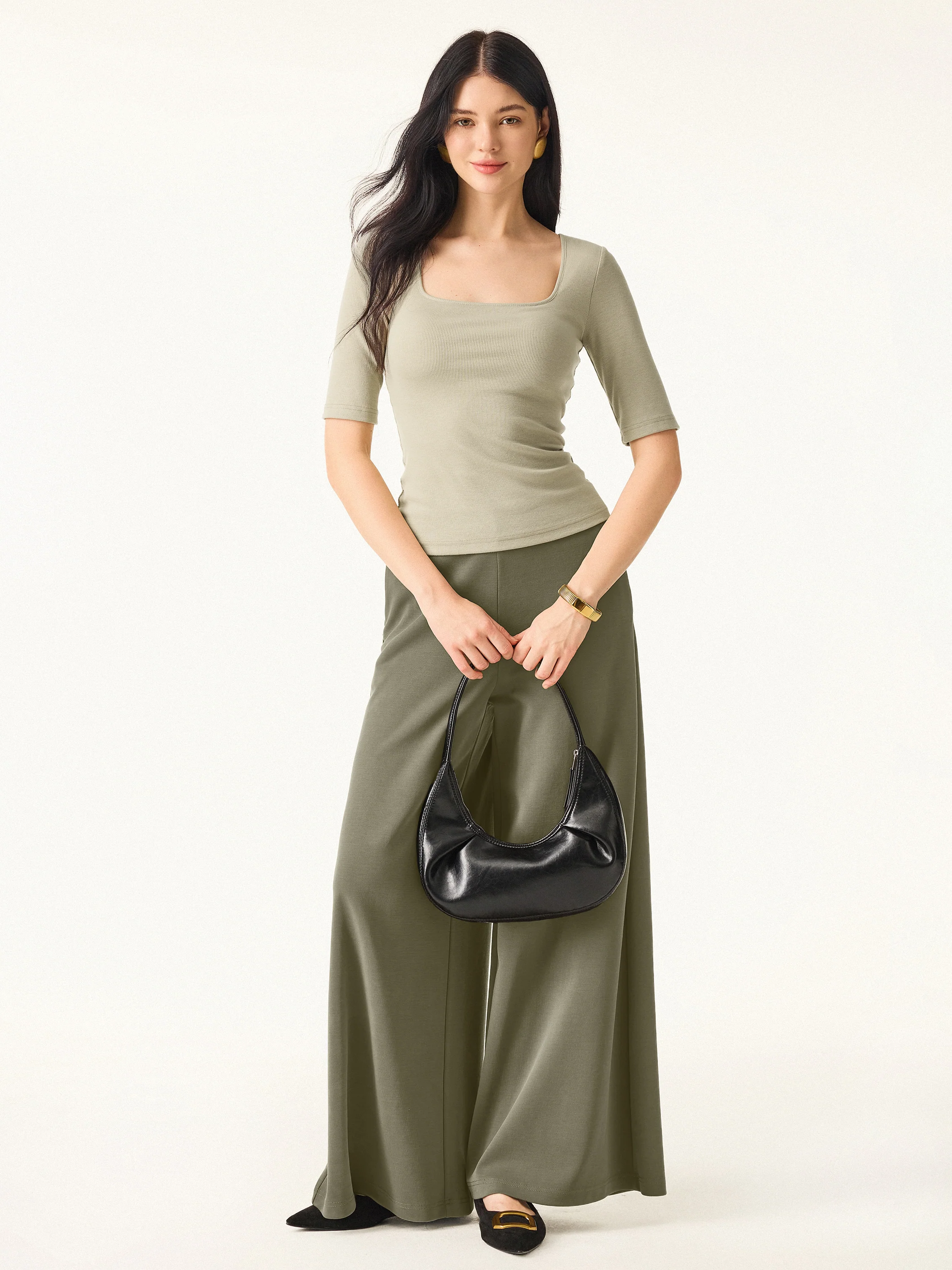 Essential Stretch Cotton Square Neck Elbow Length Sleeve Bra Top - Image 3