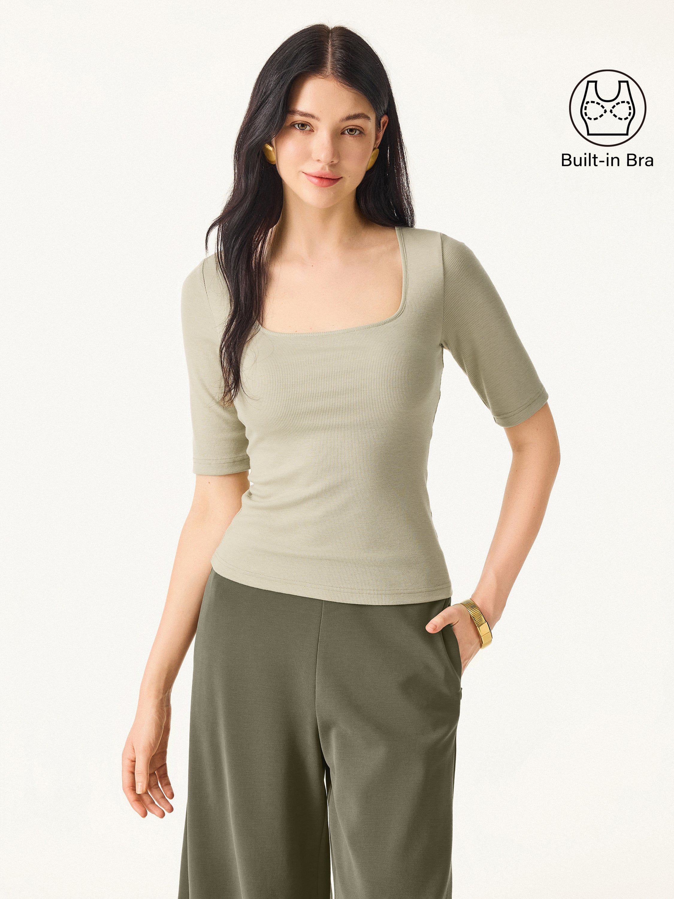 Essential Stretch Cotton Square Neck Elbow Length Sleeve Bra Top - Image 4