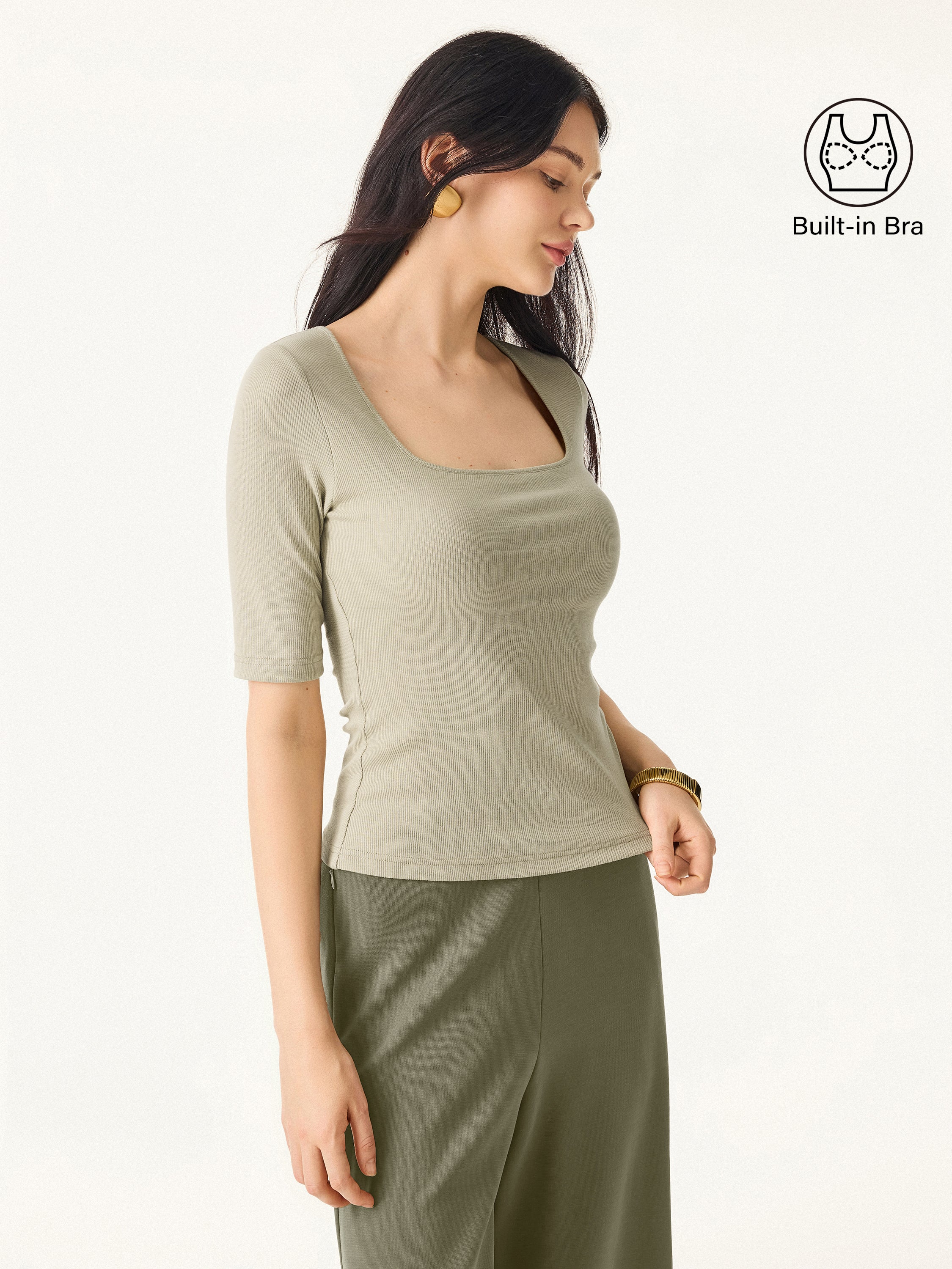 Essential Stretch Cotton Square Neck Elbow Length Sleeve Bra Top - Image 7