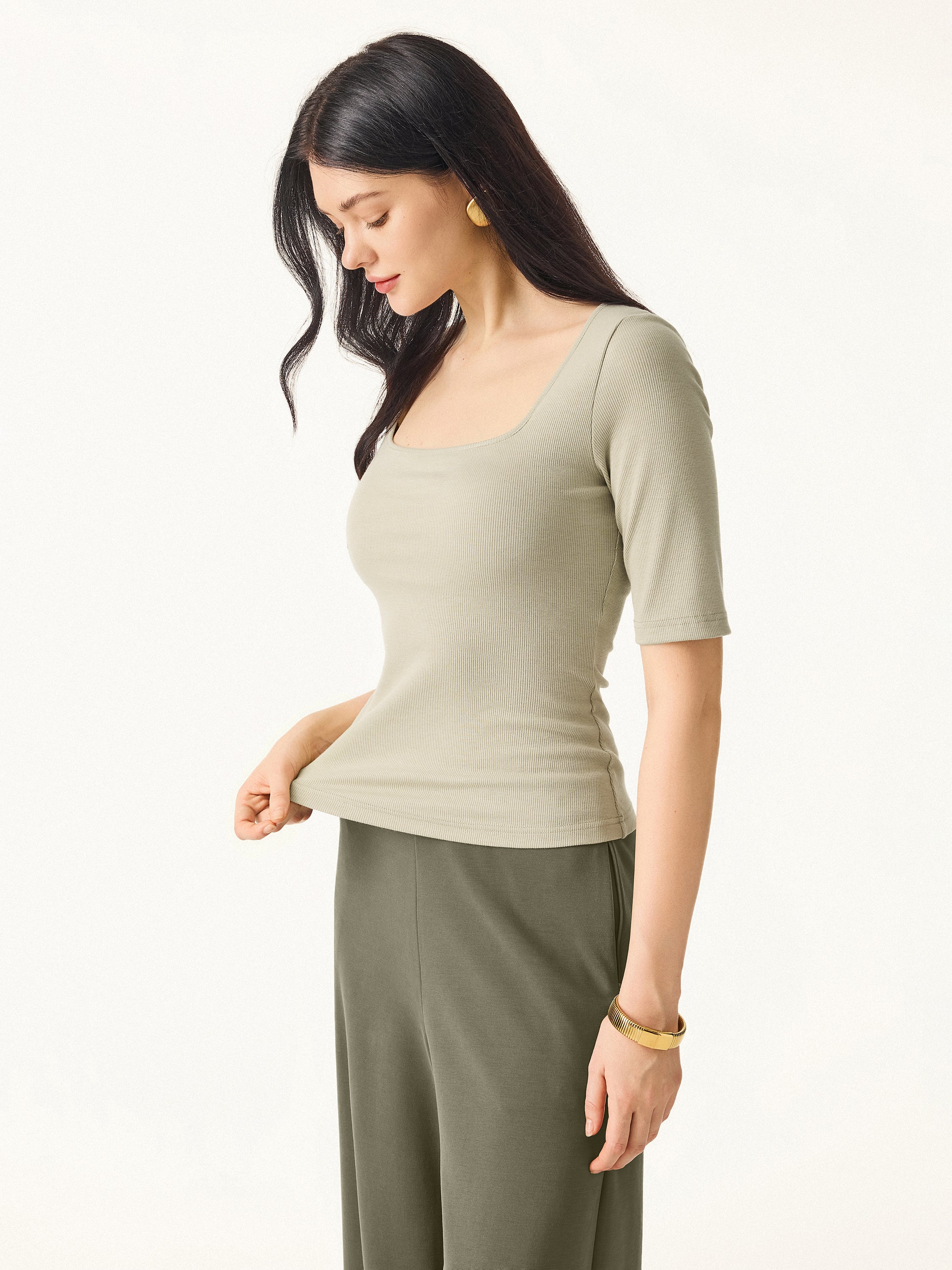 Essential Stretch Cotton Square Neck Elbow Length Sleeve Bra Top - Image 8