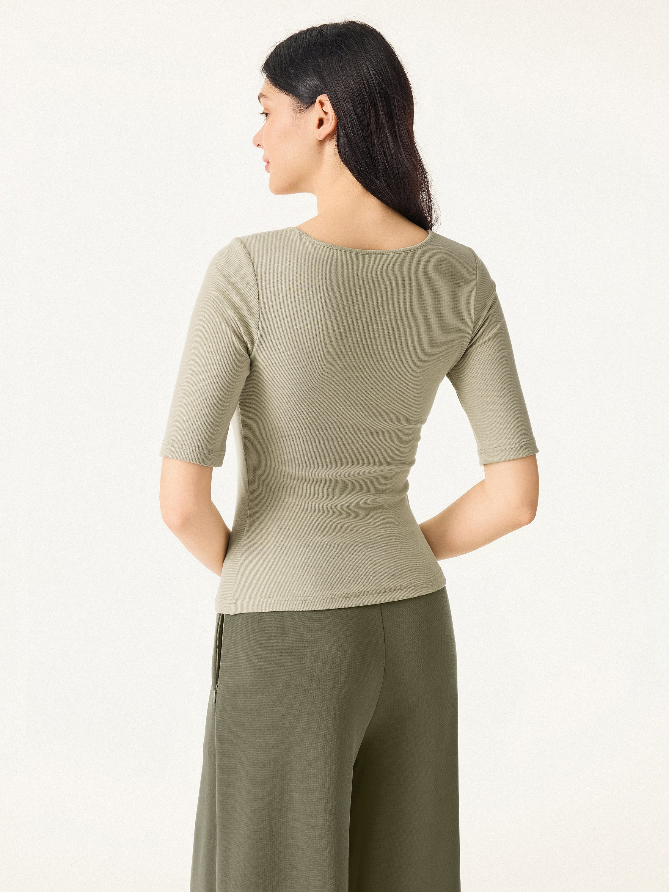 Essential Stretch Cotton Square Neck Elbow Length Sleeve Bra Top - Image 9