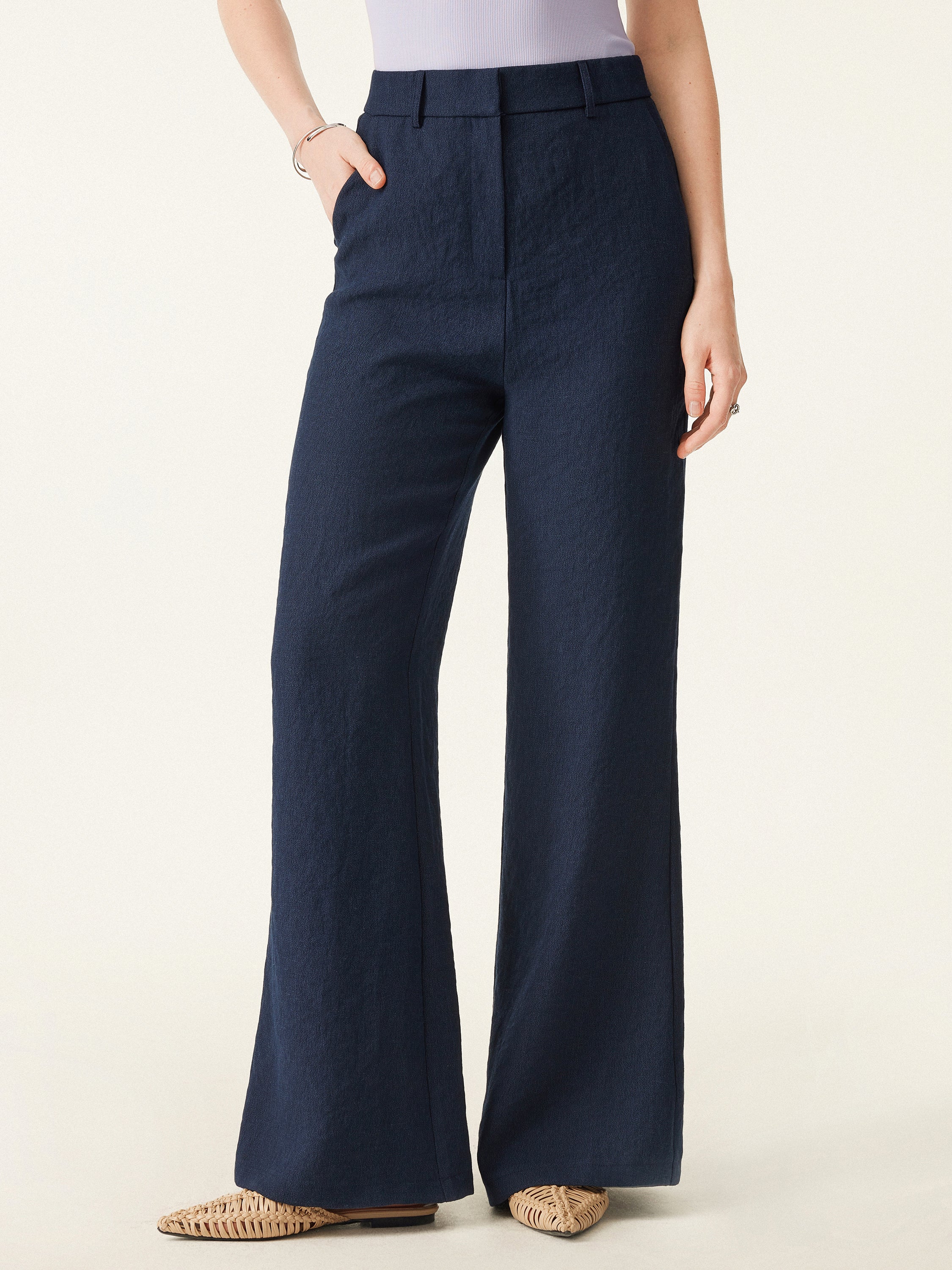 European Linen Mid Rise Flared Pant with Pockets - Image 6