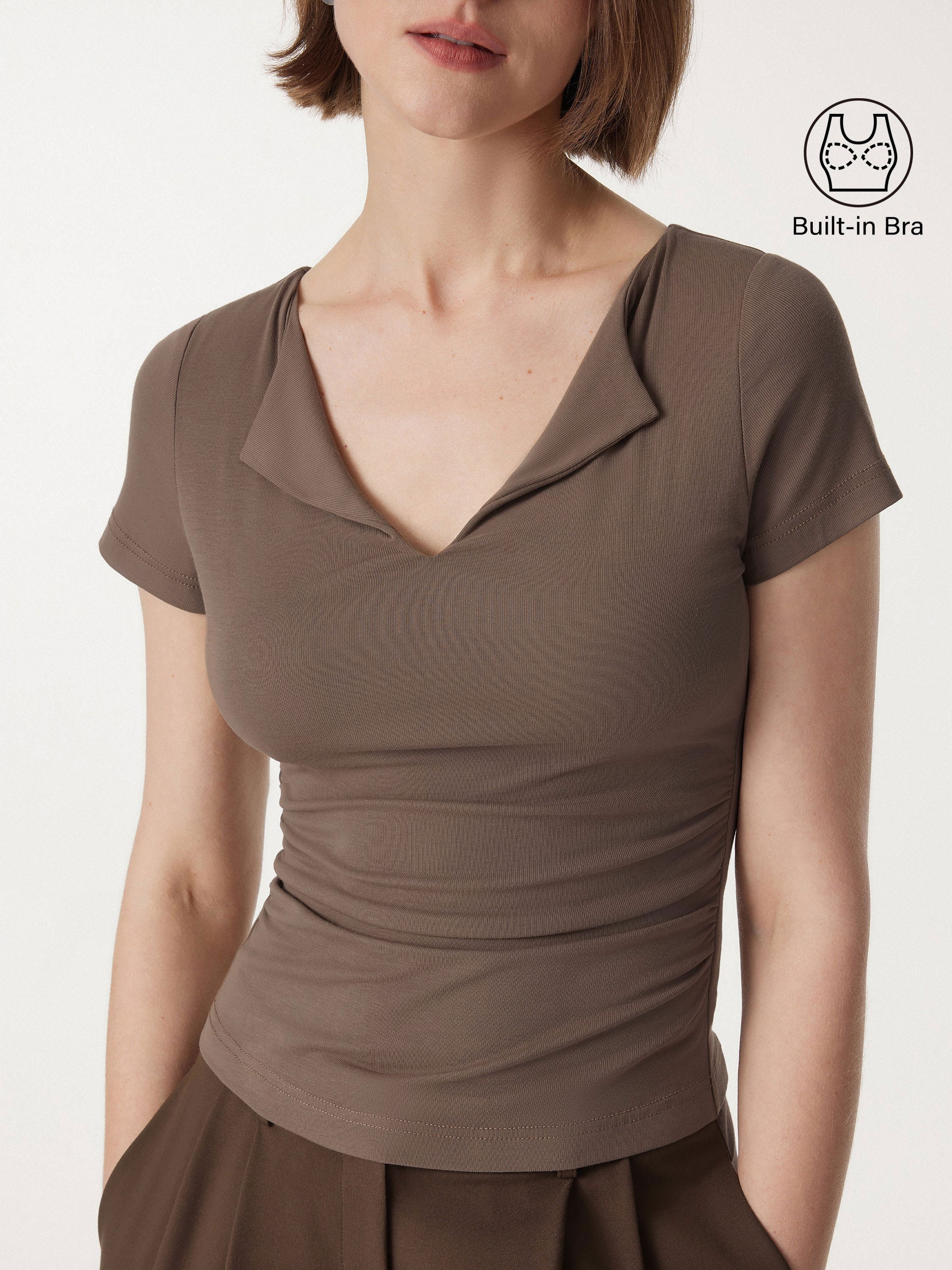 Flapped V-neck Side Ruched New Airy Bra Tee - Image 4