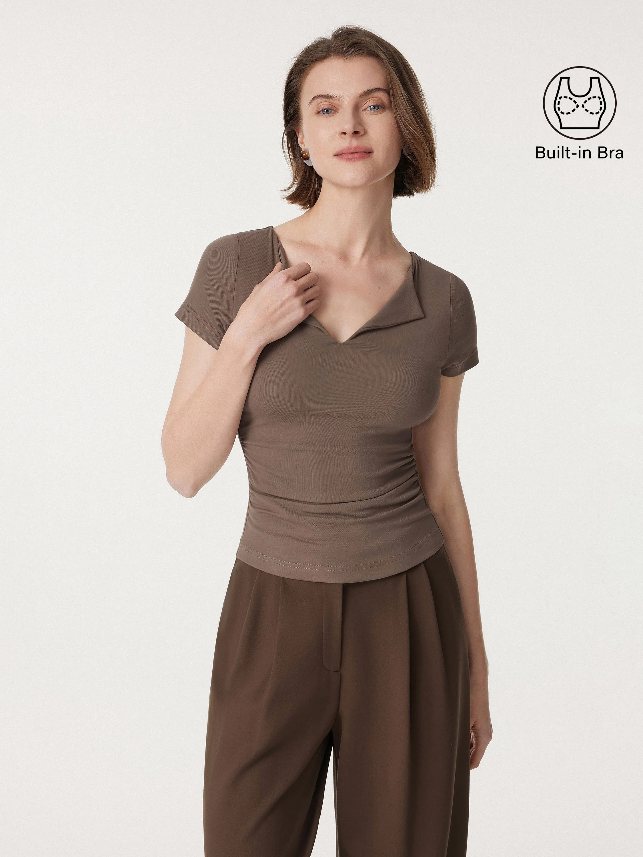 Flapped V-neck Side Ruched New Airy Bra Tee - Image 5