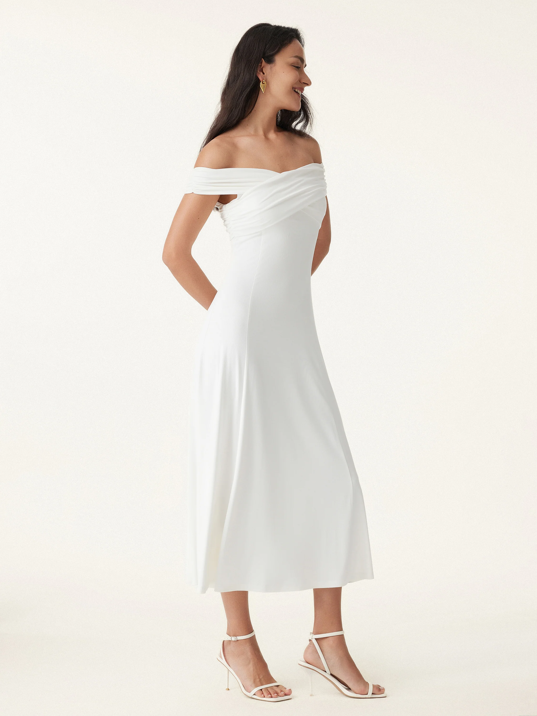 Flowy Criss Cross Off-shoulder Midi Bra Dress - Image 7