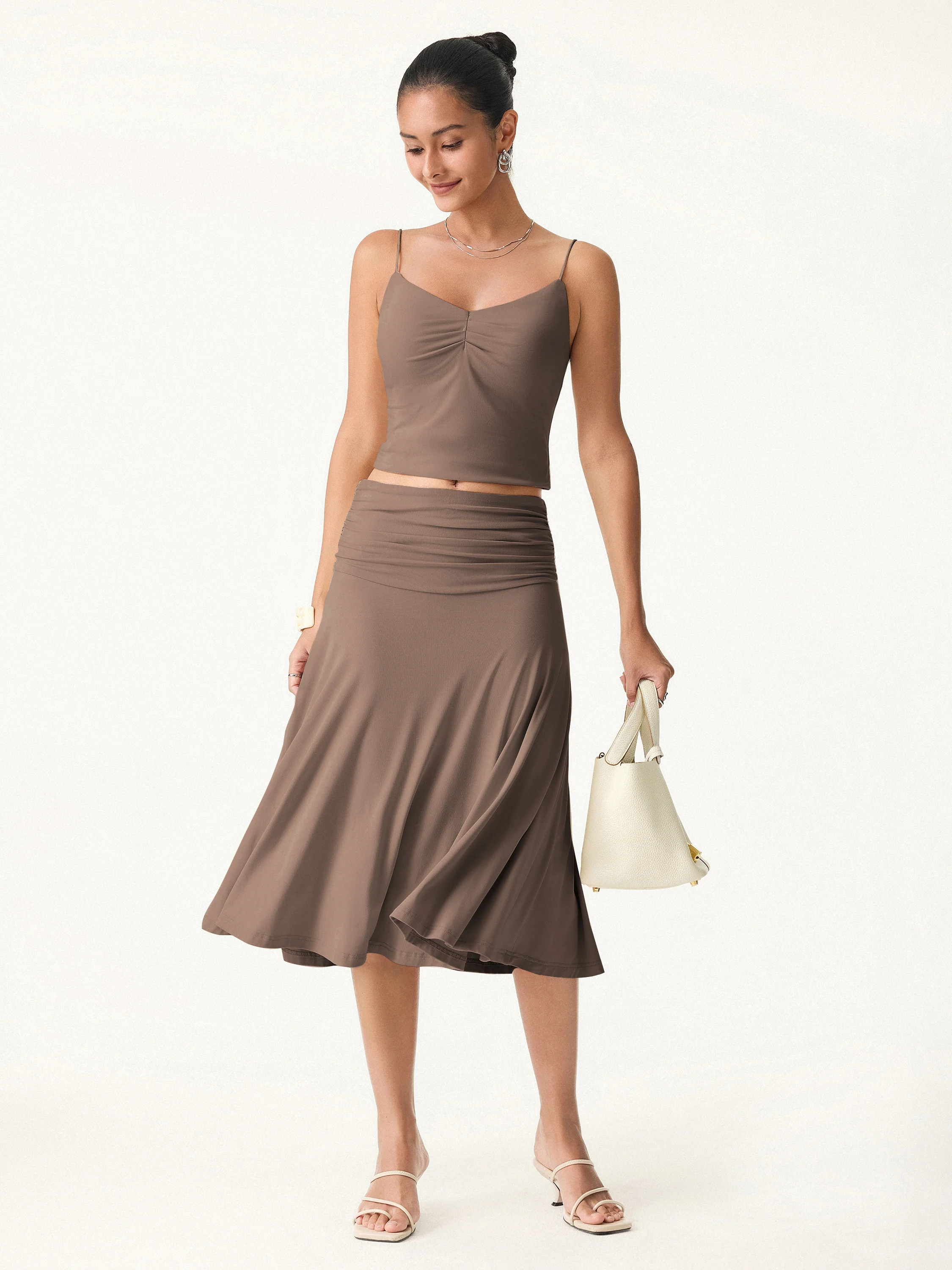 Flowy Side Ruched A-line Midi Skirt - Image 18