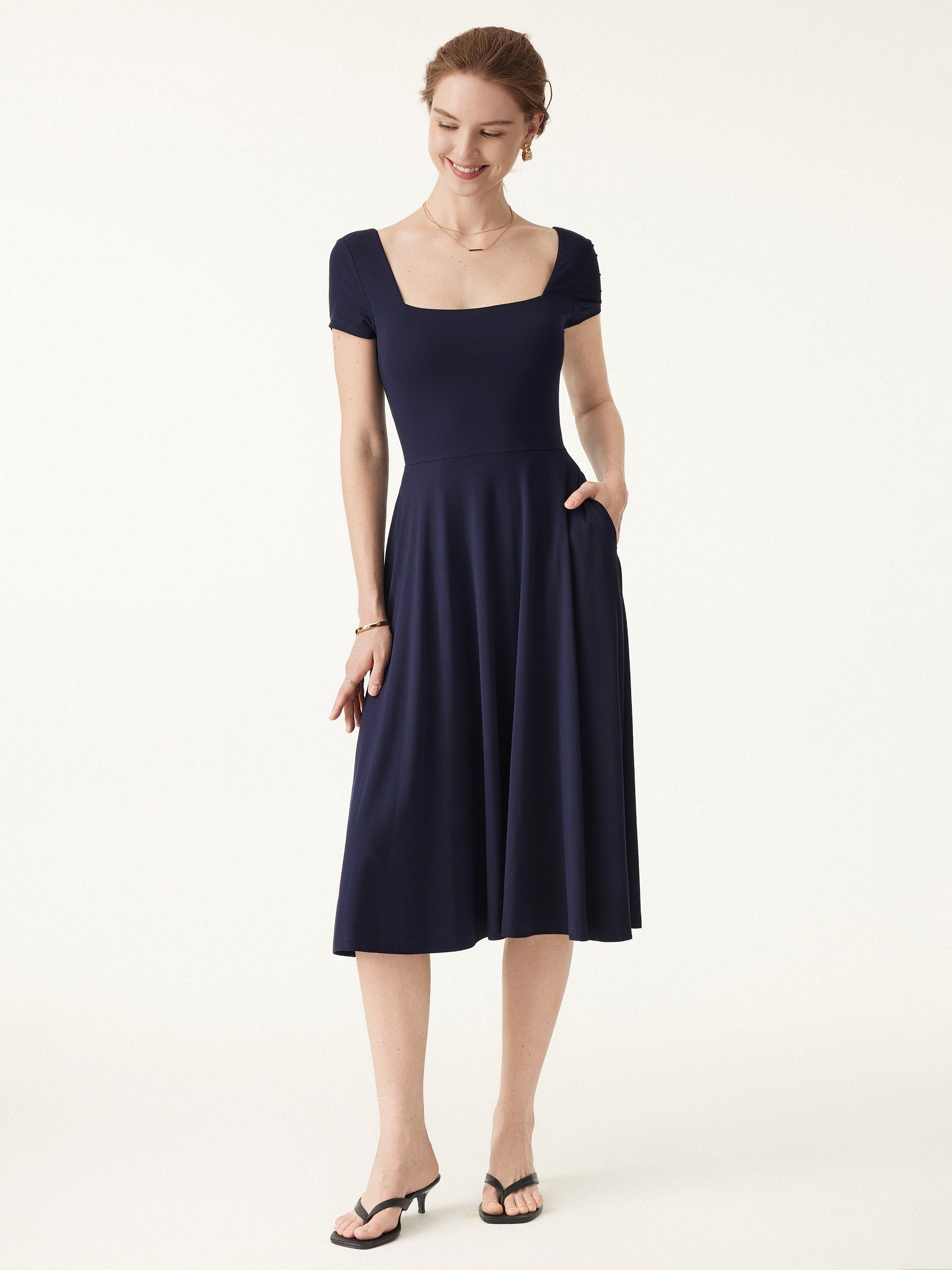 Flowy Square Neck Short Sleeve Midi Bra Dress - Image 4