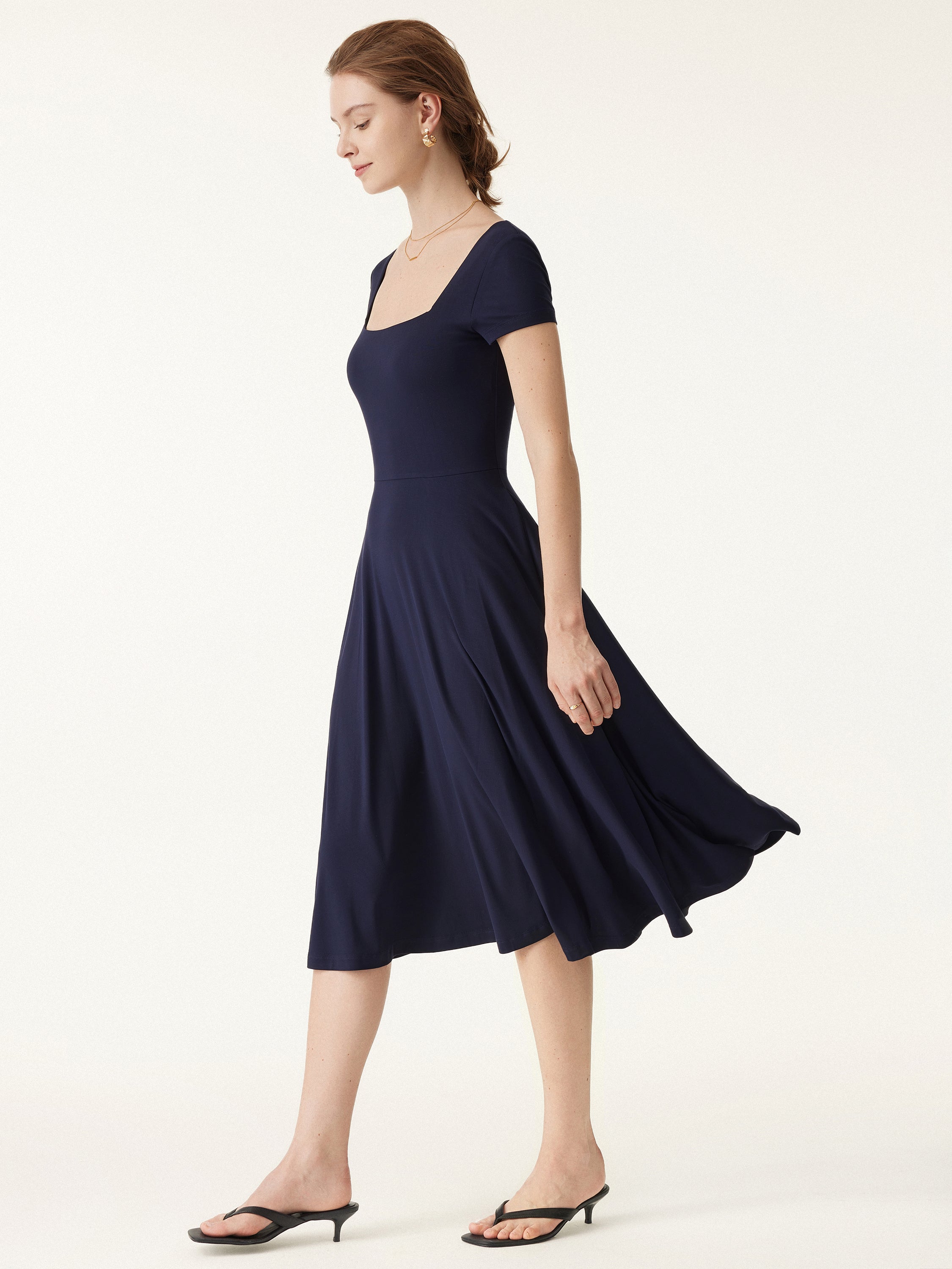 Flowy Square Neck Short Sleeve Midi Bra Dress - Image 7