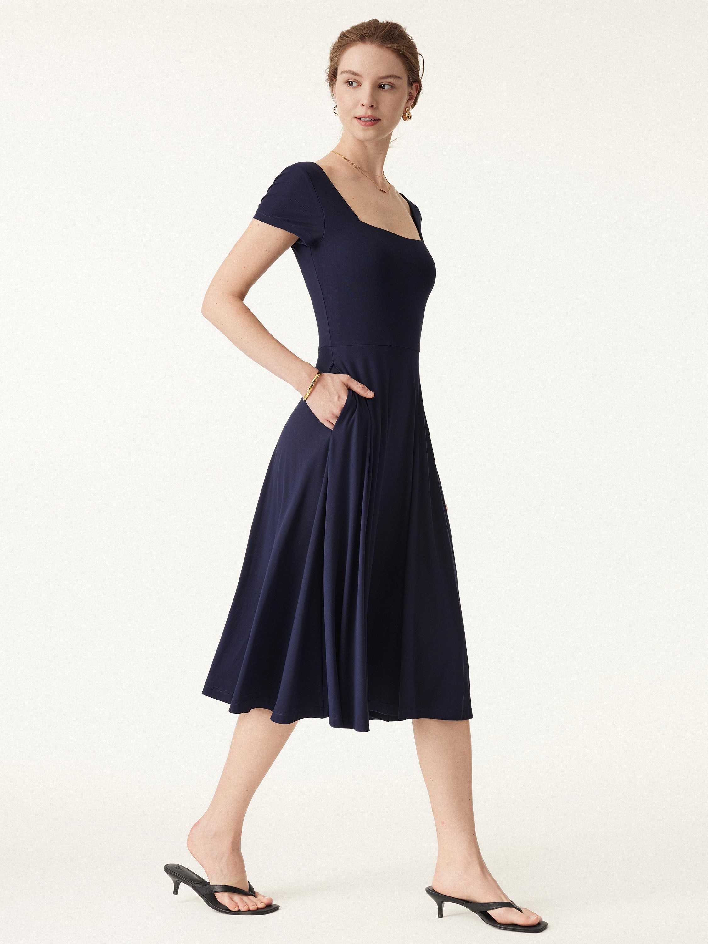 Flowy Square Neck Short Sleeve Midi Bra Dress - Image 8