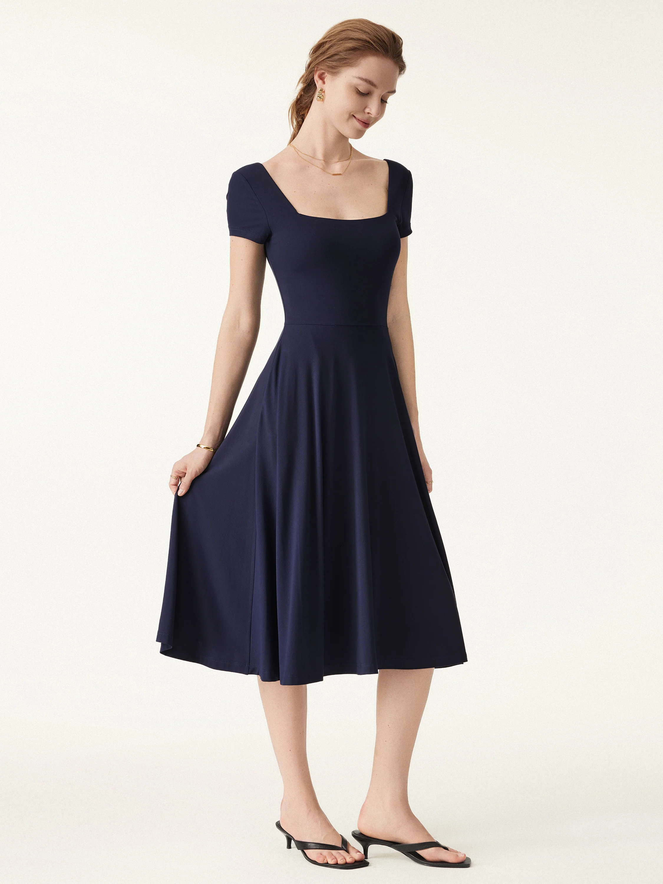 Flowy Square Neck Short Sleeve Midi Bra Dress - Image 9