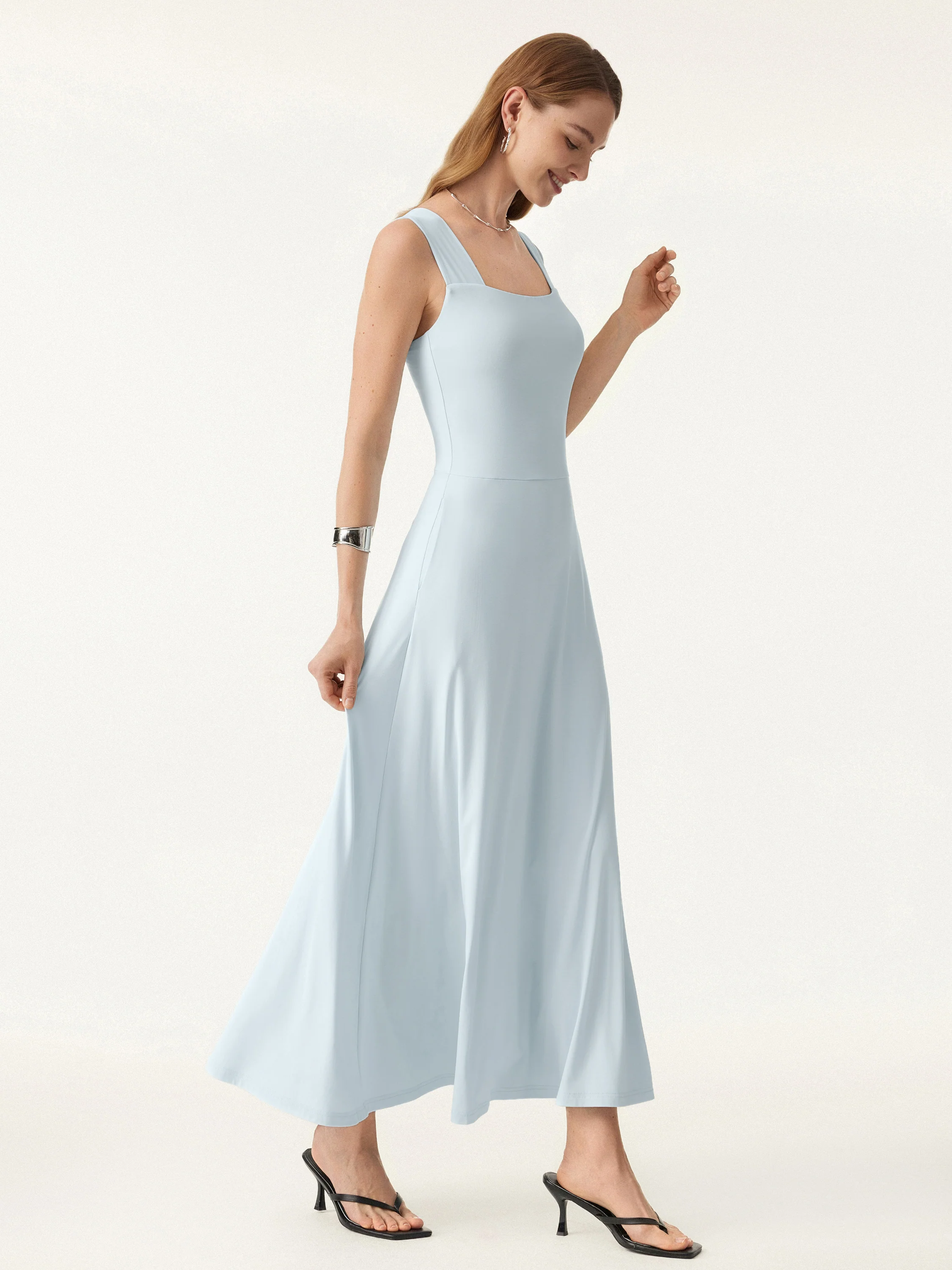 Flowy Square Neck Wide Straps Midi Bra Dress with Pockets - Image 10
