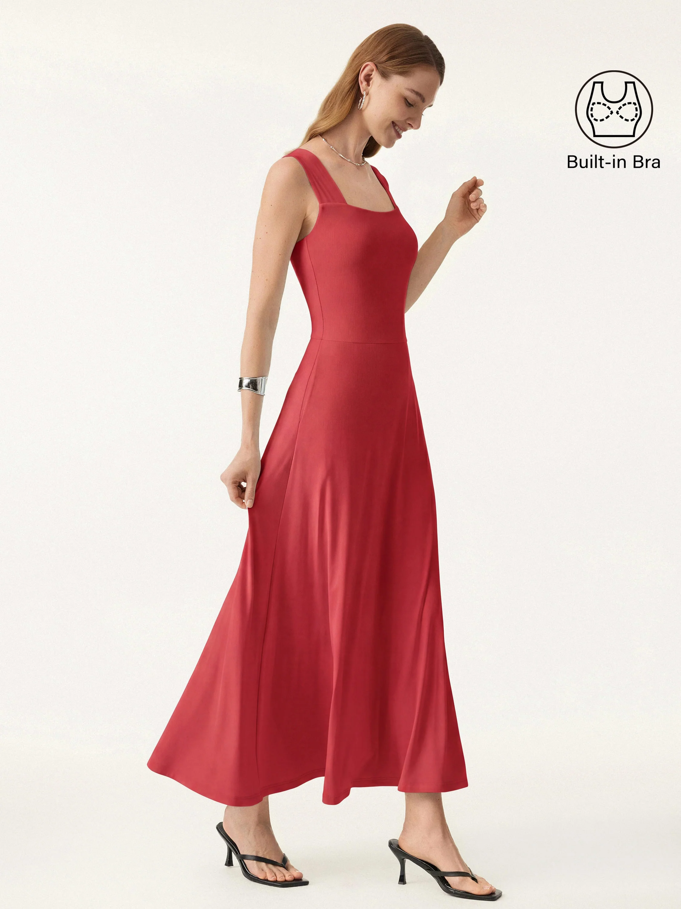 Flowy Square Neck Wide Straps Midi Bra Dress with Pockets - Image 15