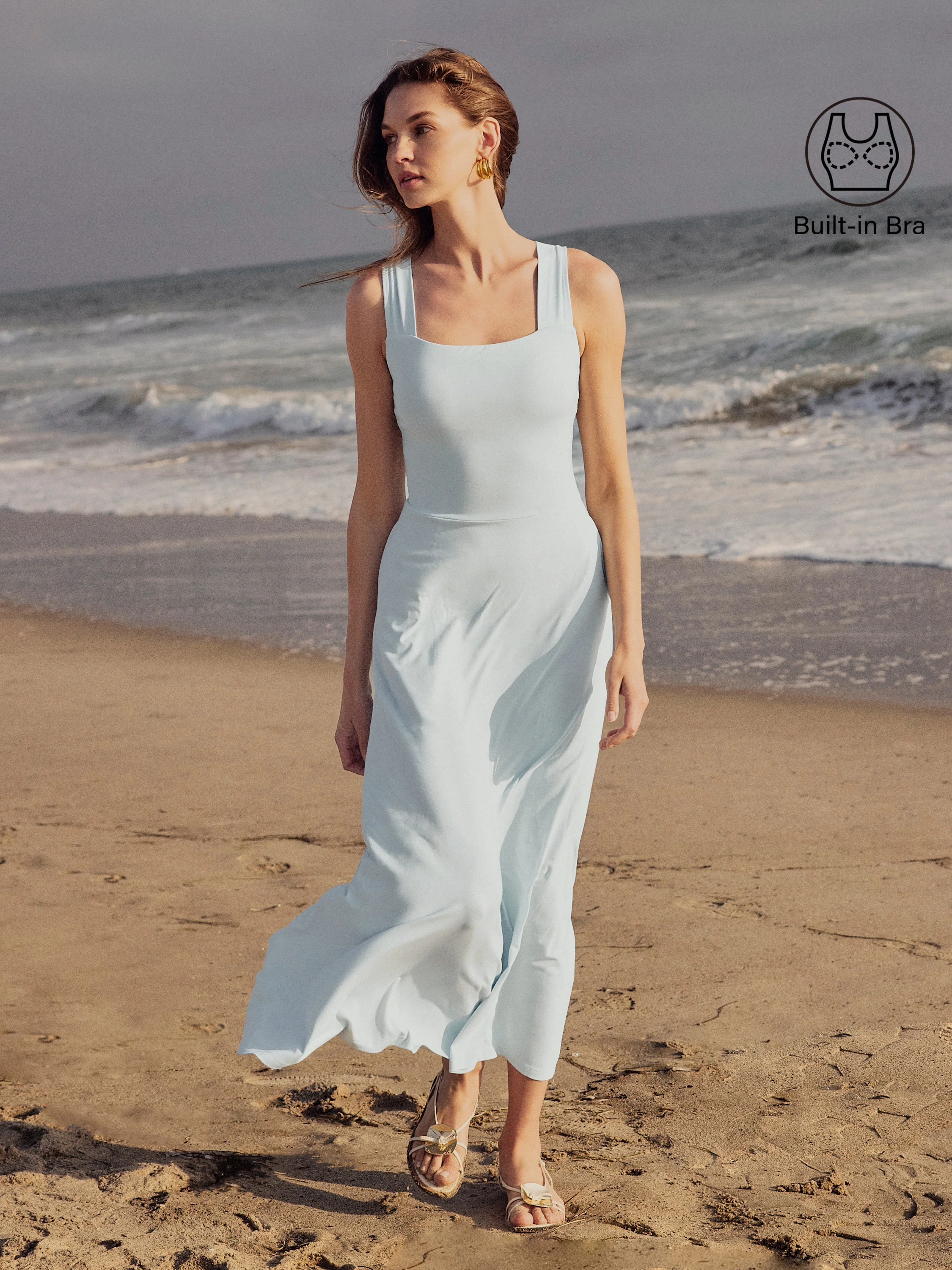 Flowy Square Neck Wide Straps Midi Bra Dress with Pockets - Image 3