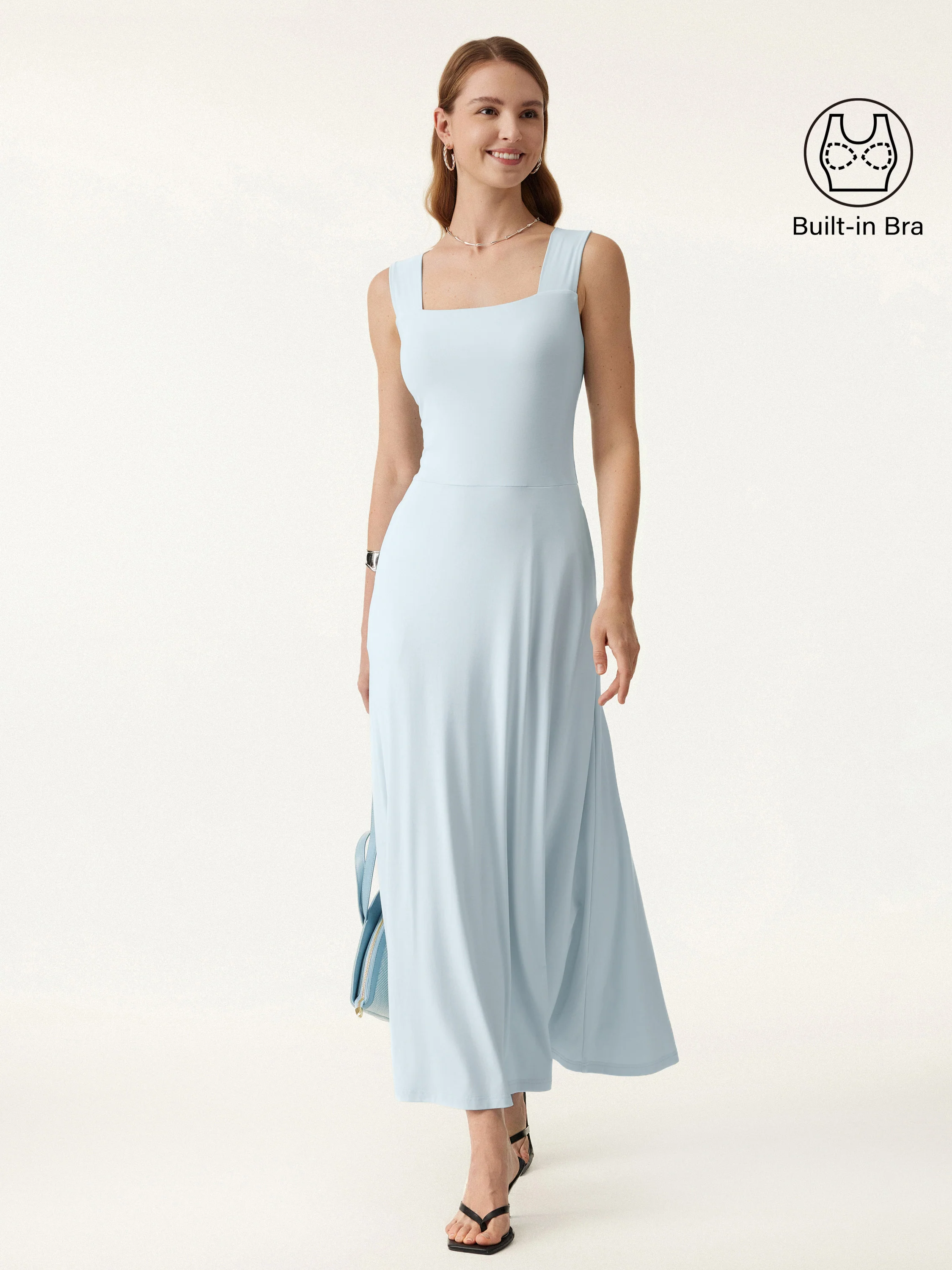 Flowy Square Neck Wide Straps Midi Bra Dress with Pockets - Image 5