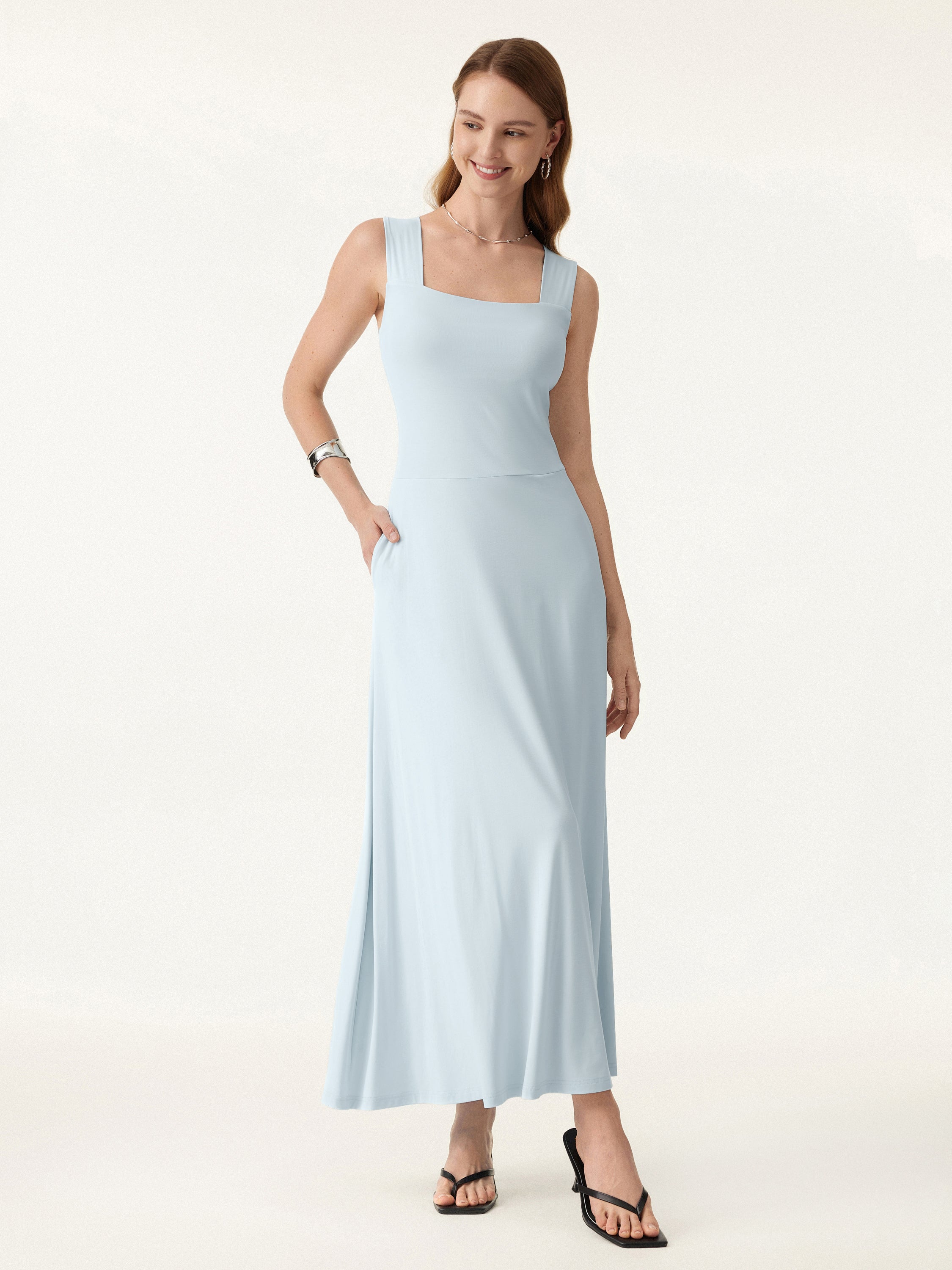 Flowy Square Neck Wide Straps Midi Bra Dress with Pockets - Image 8