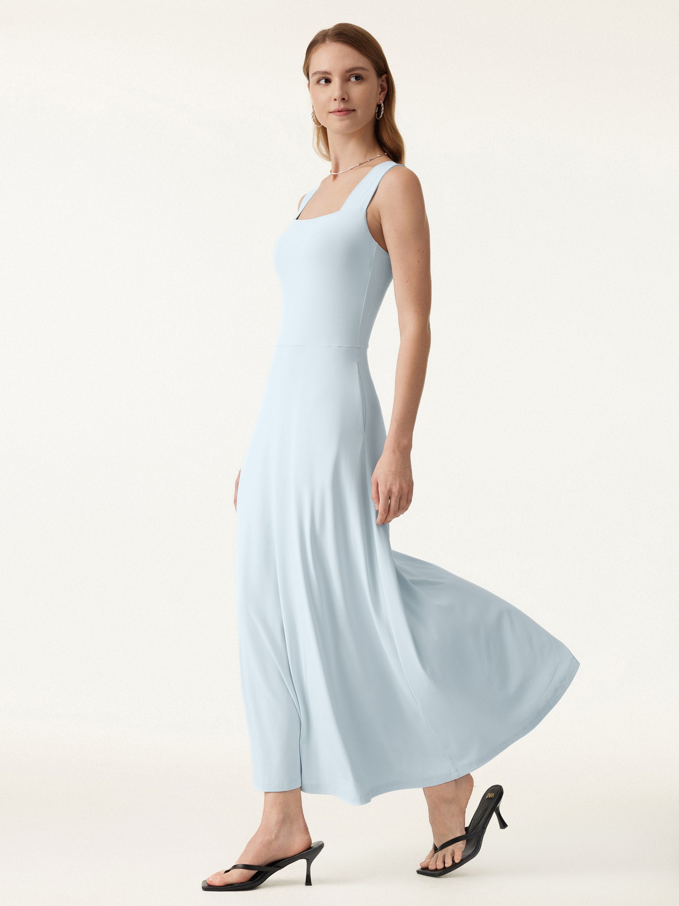 Flowy Square Neck Wide Straps Midi Bra Dress with Pockets - Image 9