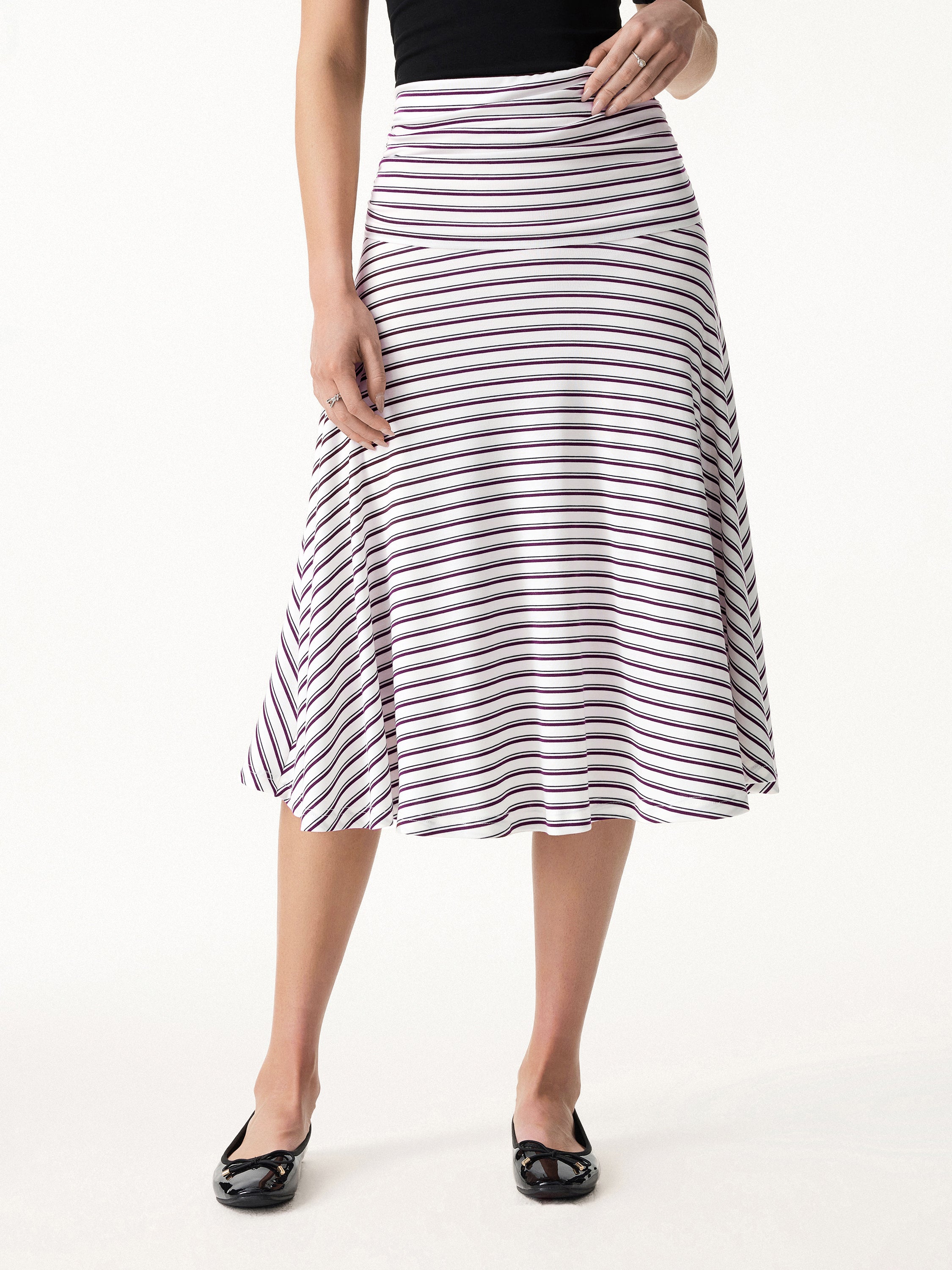 Flowy Striped Circle Flare Ruched Midi Skirt - Image 3