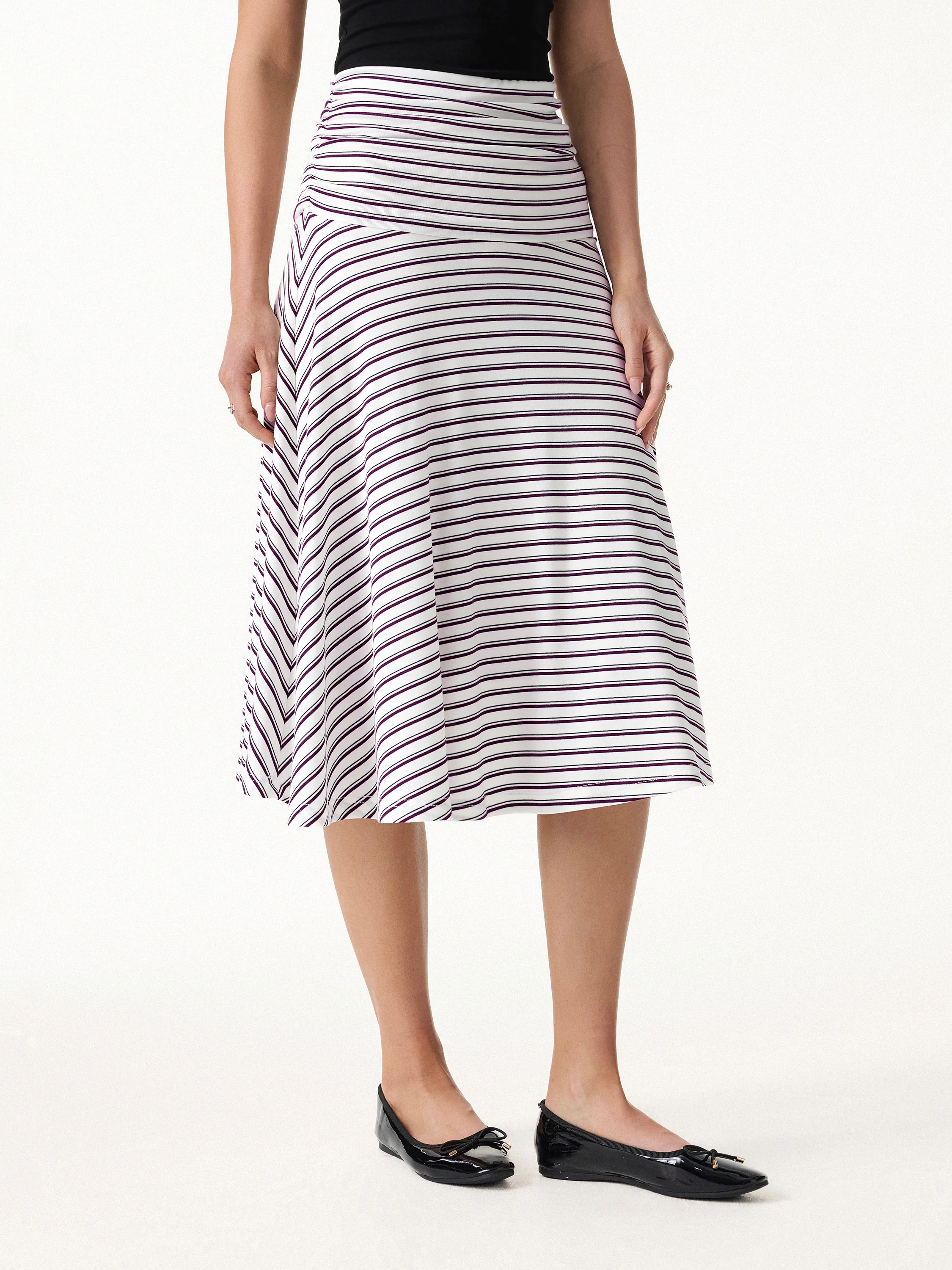 Flowy Striped Circle Flare Ruched Midi Skirt - Image 5