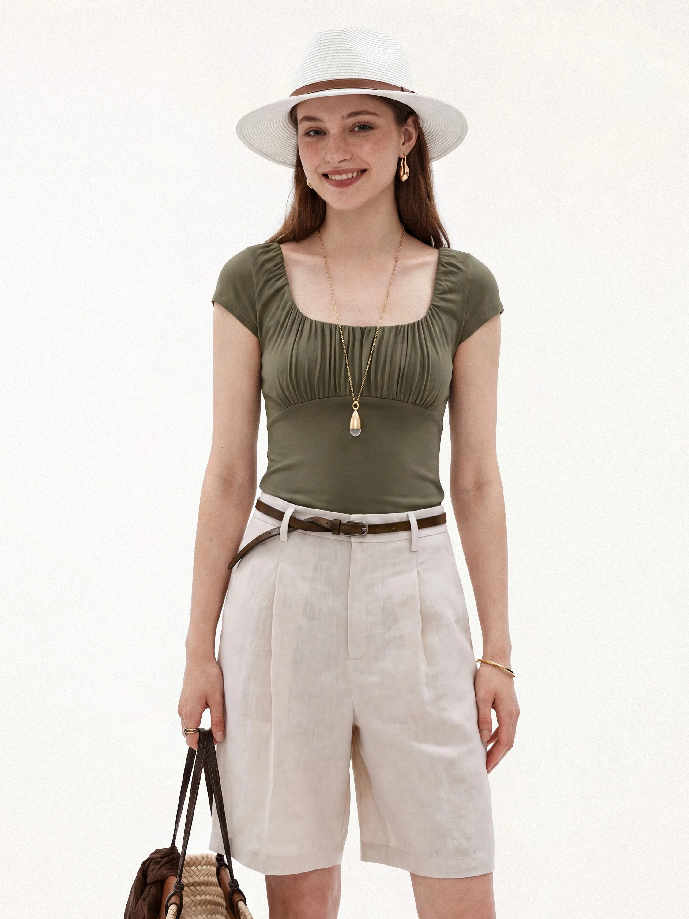 Linen Blend Jersey Ruched Square Neck Cropped Bra Top - Image 2
