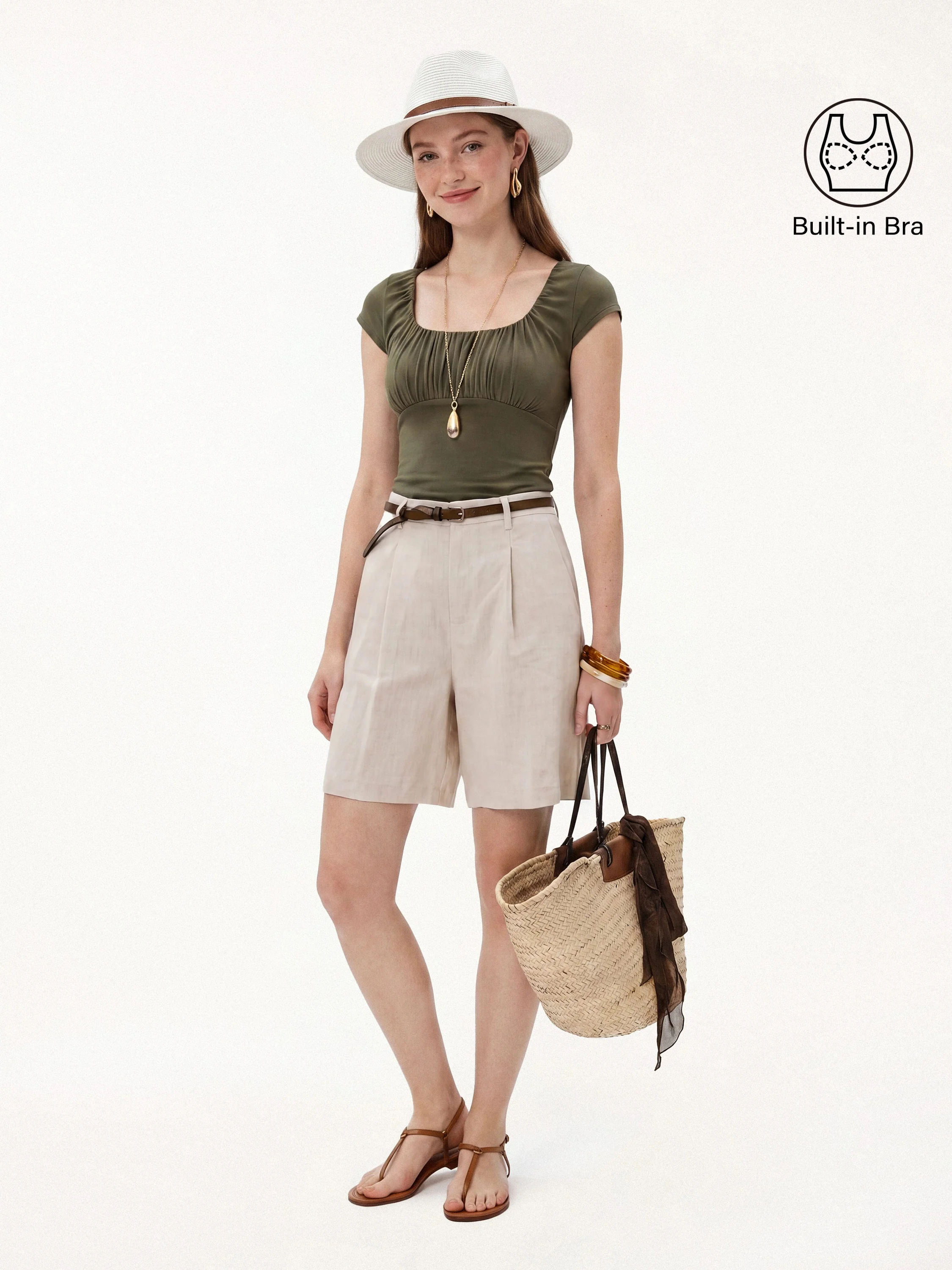 Linen Blend Jersey Ruched Square Neck Cropped Bra Top - Image 3