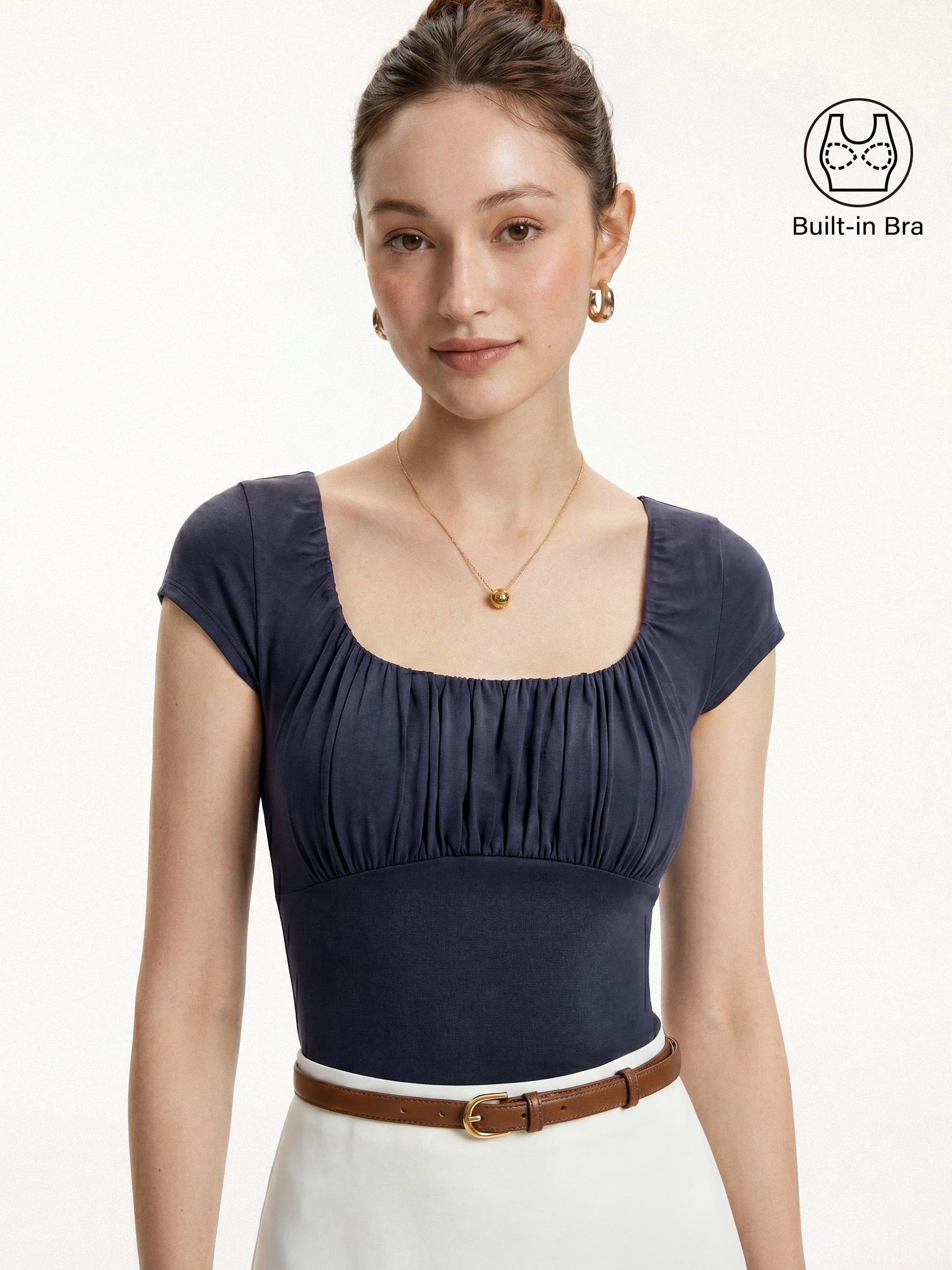 Linen Blend Jersey Ruched Square Neck Cropped Bra Top - Image 4