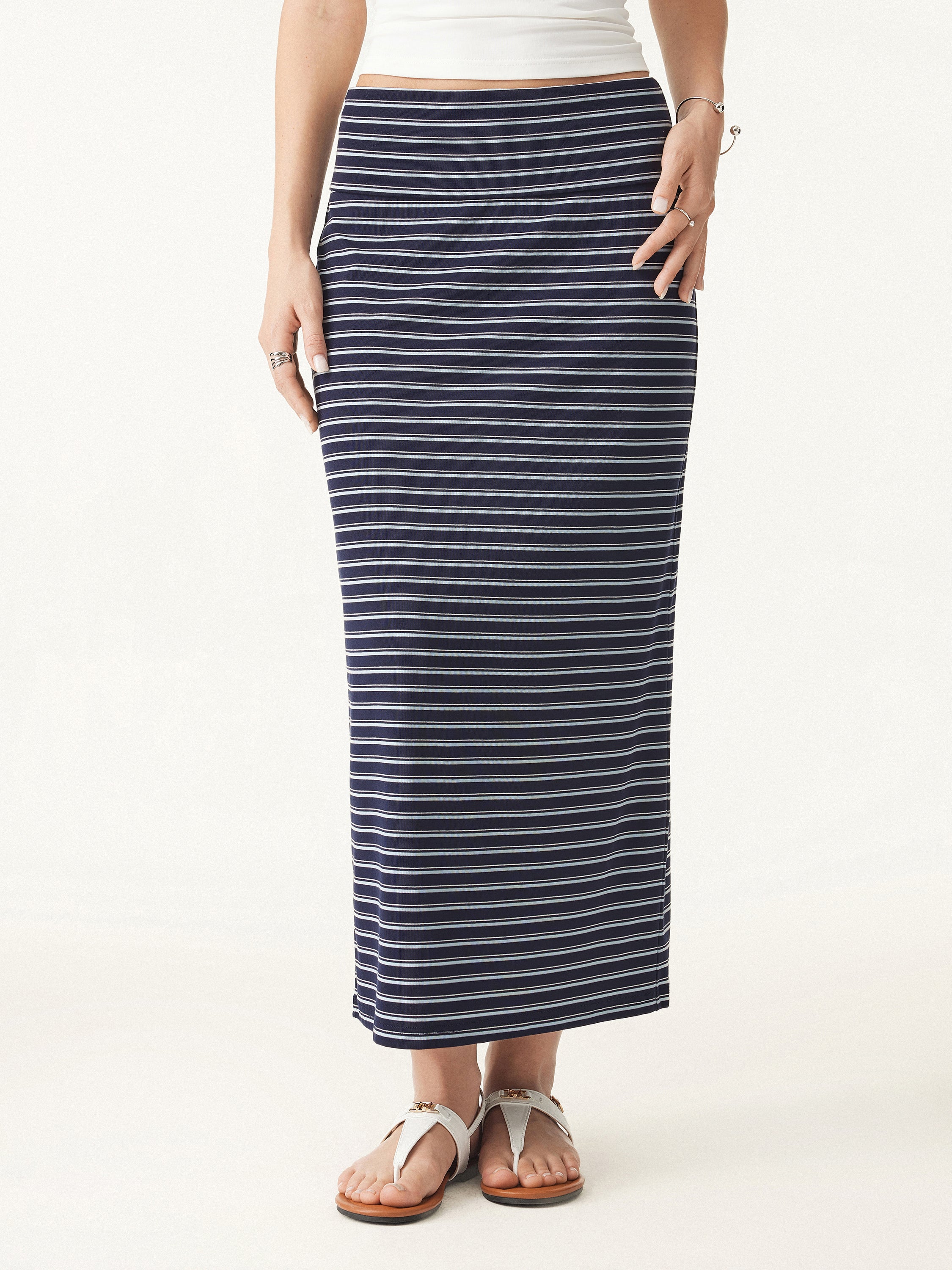 Low Rise Folded Waist Striped Midi Skirt - Image 4
