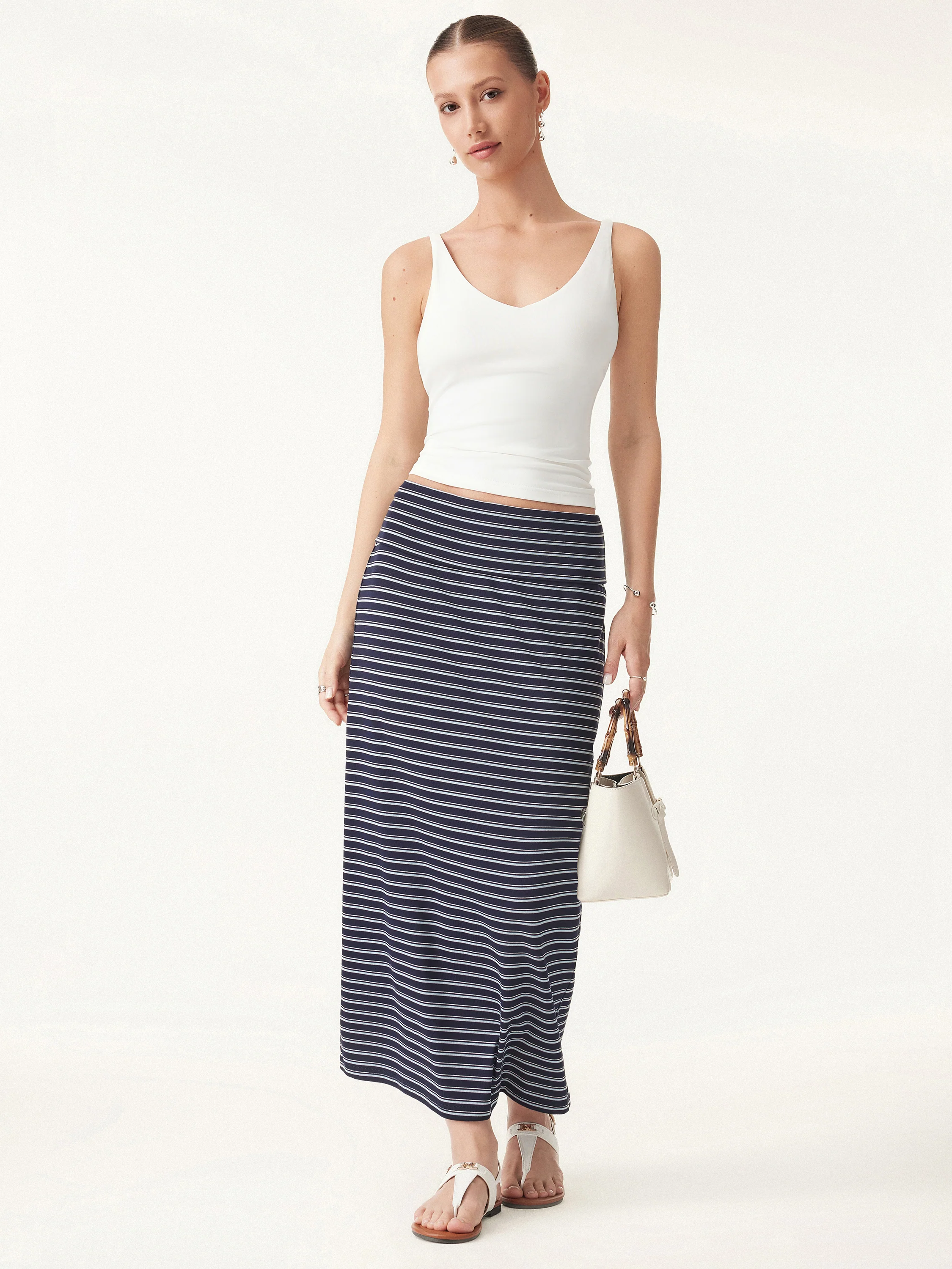 Low Rise Folded Waist Striped Midi Skirt - Image 5
