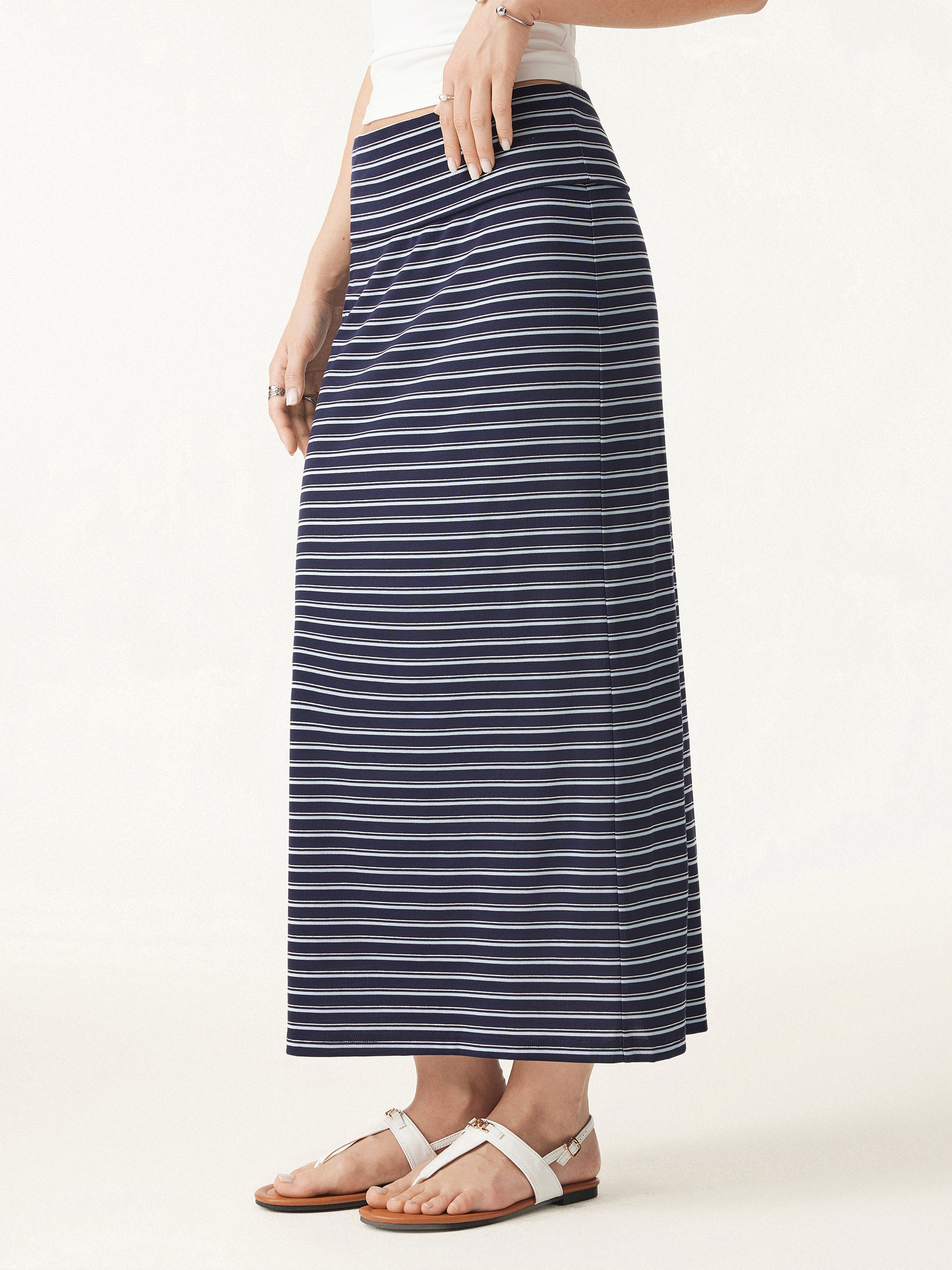 Low Rise Folded Waist Striped Midi Skirt - Image 8