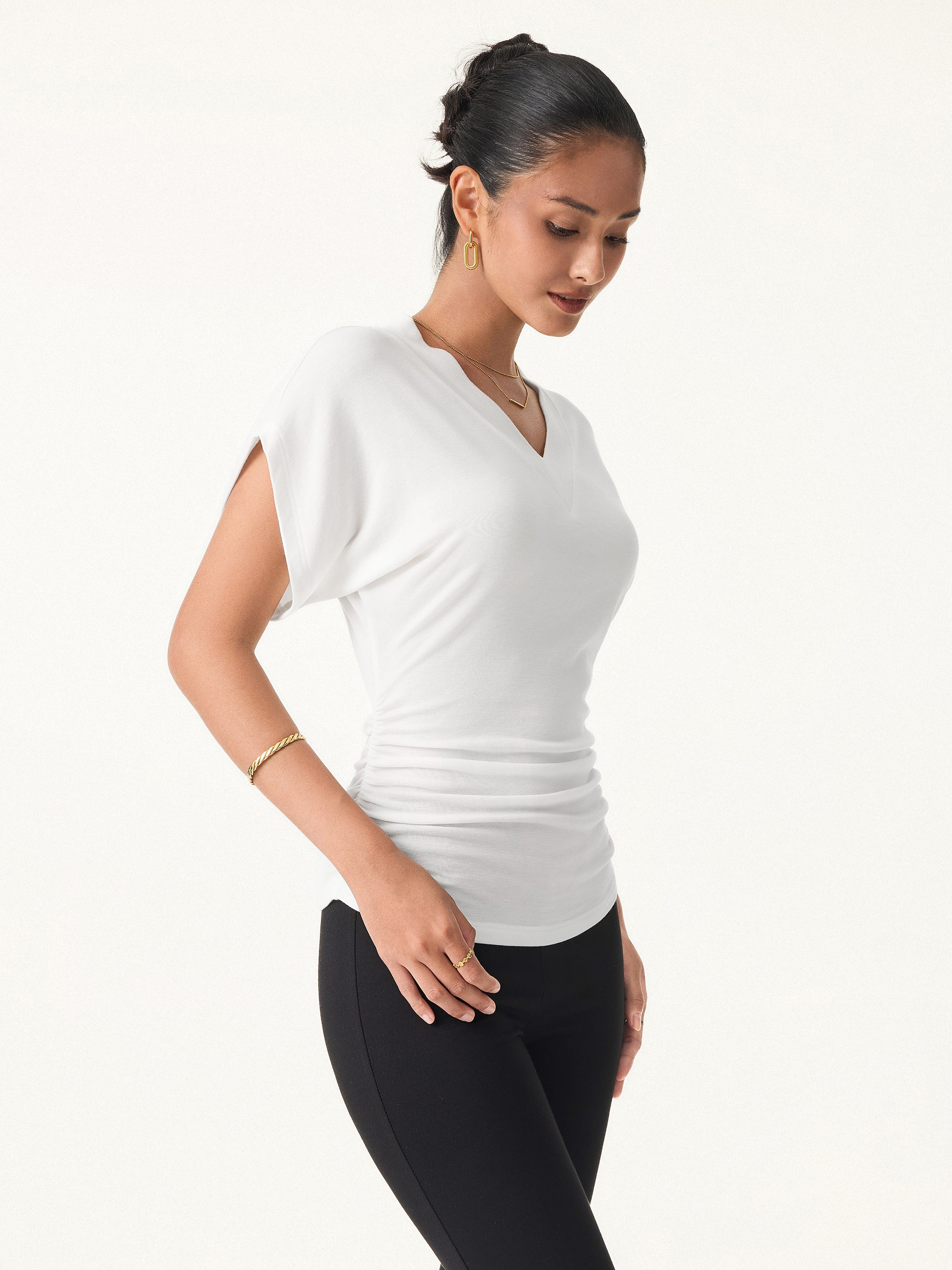 Semi-sheer Lyocell Cashmere Blend V-neck Short Sleeve Side Ruched Tee - Image 10