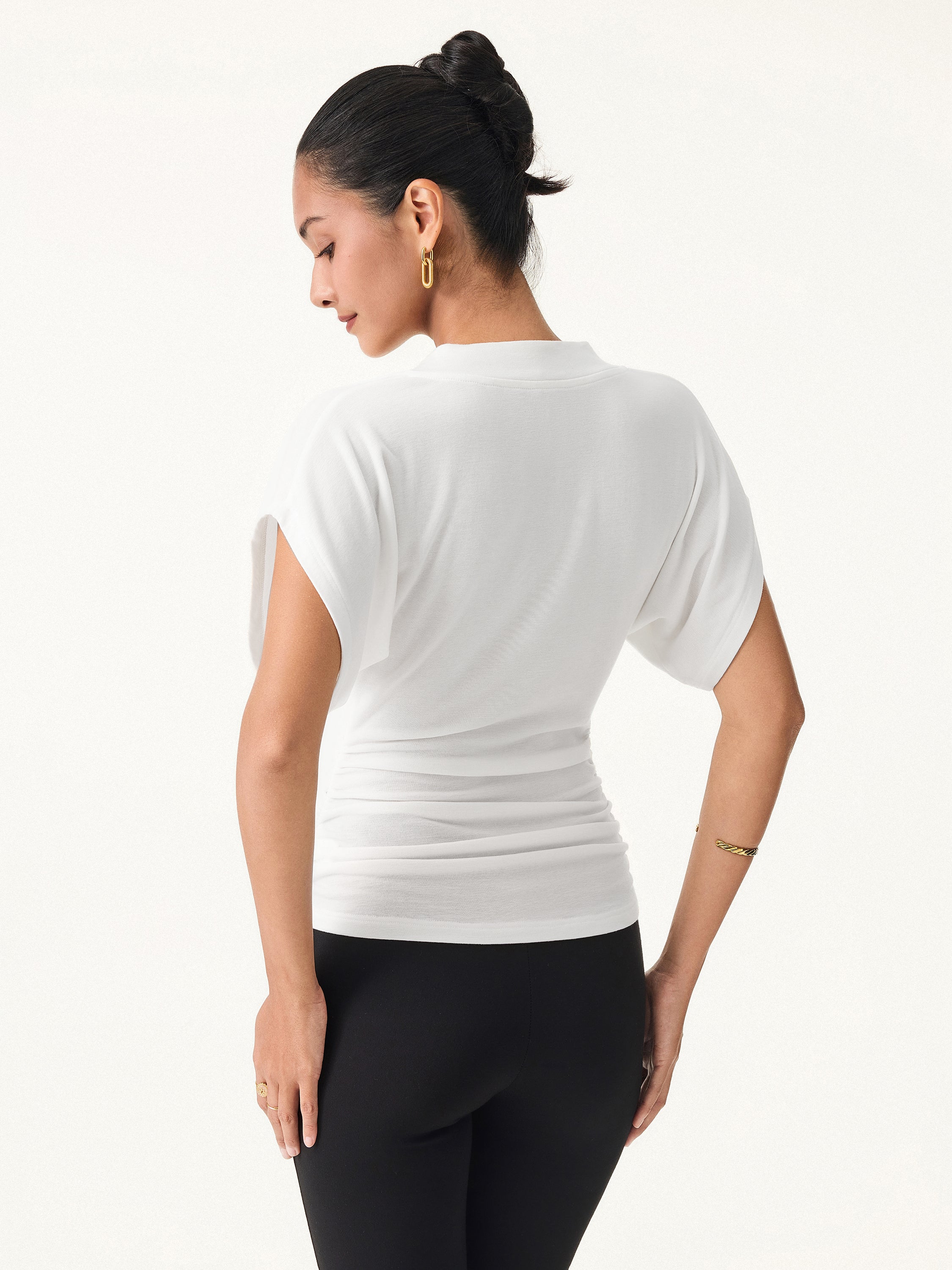 Semi-sheer Lyocell Cashmere Blend V-neck Short Sleeve Side Ruched Tee - Image 11