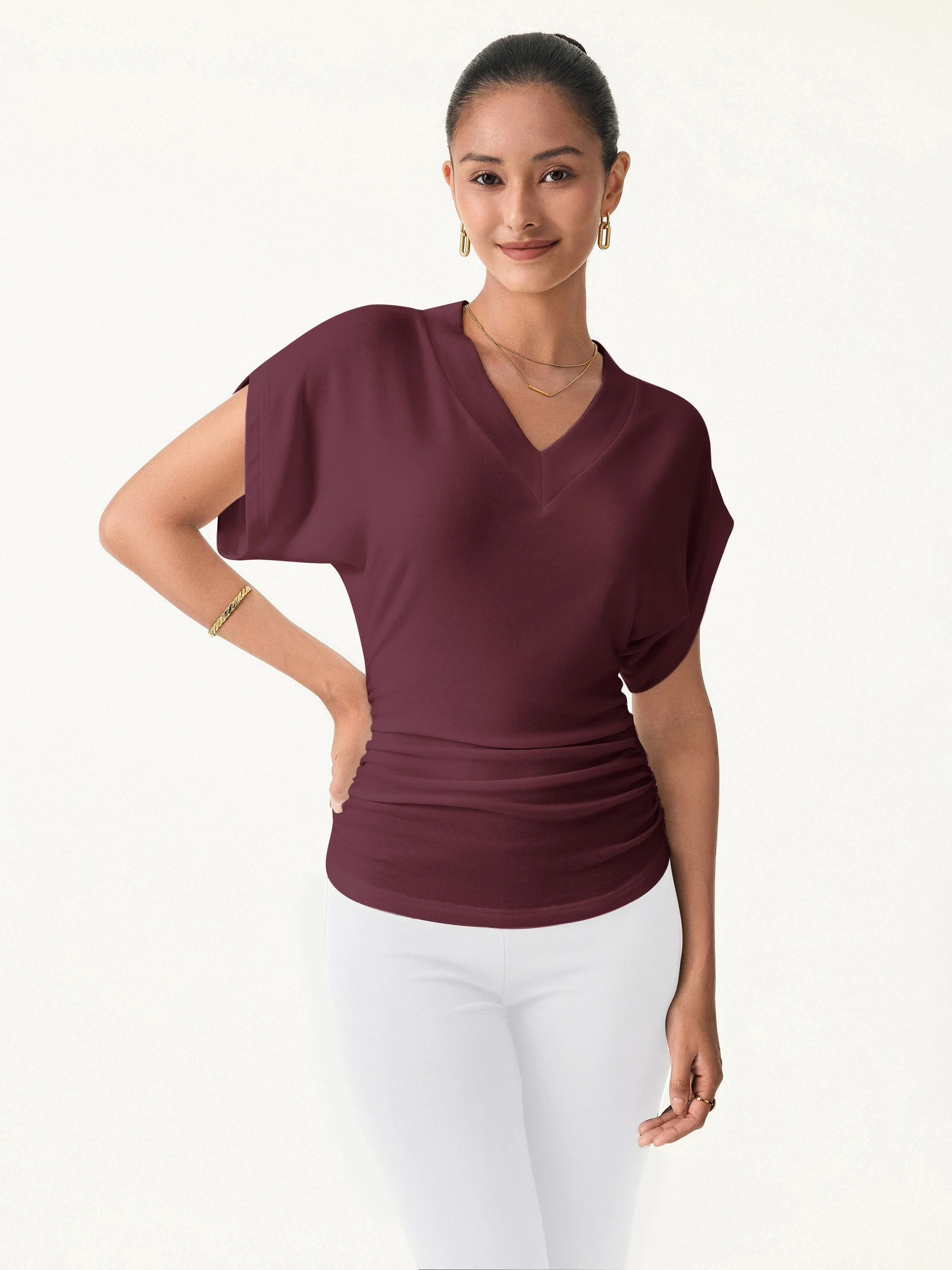 Semi-sheer Lyocell Cashmere Blend V-neck Short Sleeve Side Ruched Tee - Image 12