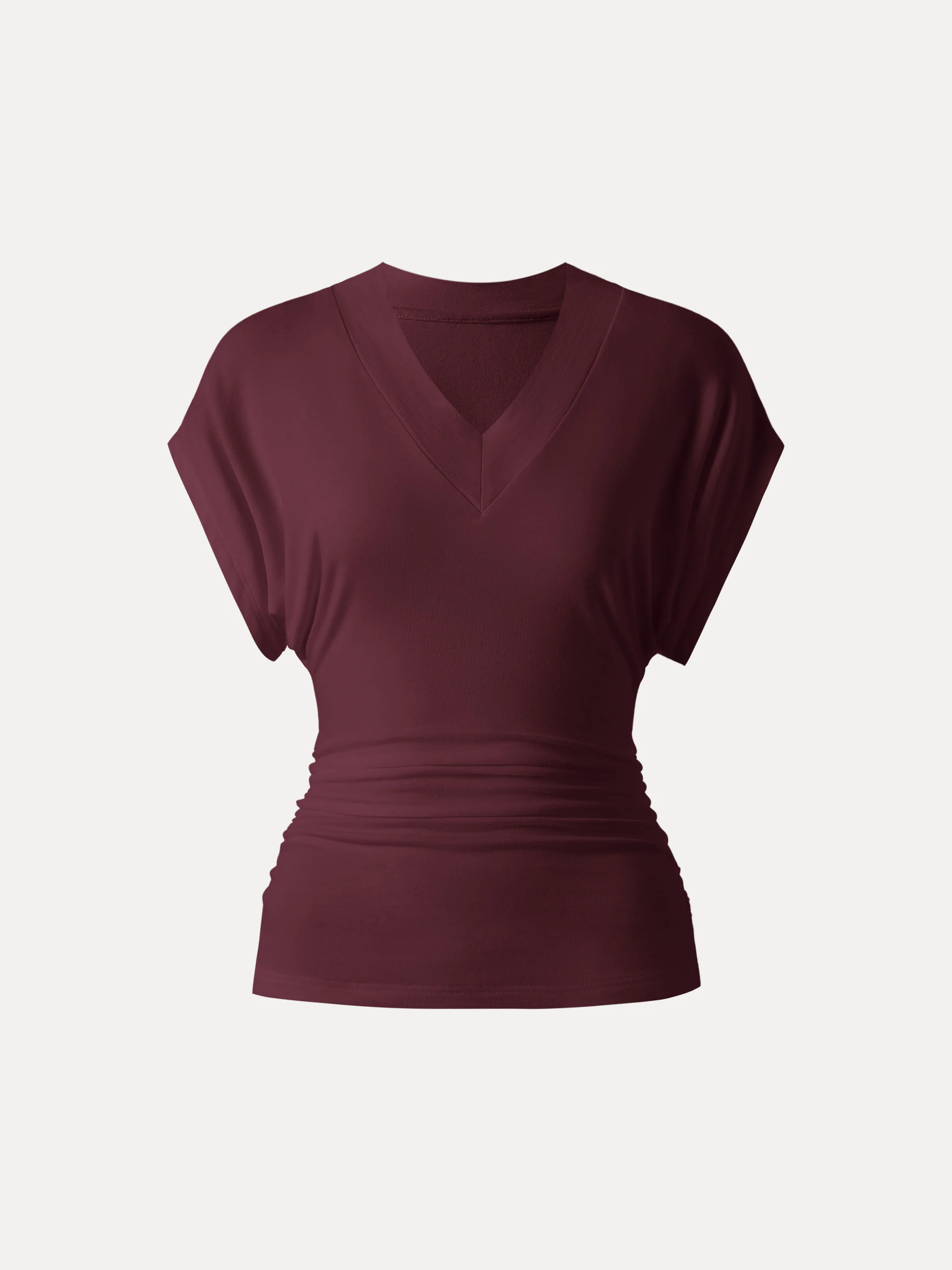 Semi-sheer Lyocell Cashmere Blend V-neck Short Sleeve Side Ruched Tee - Image 13