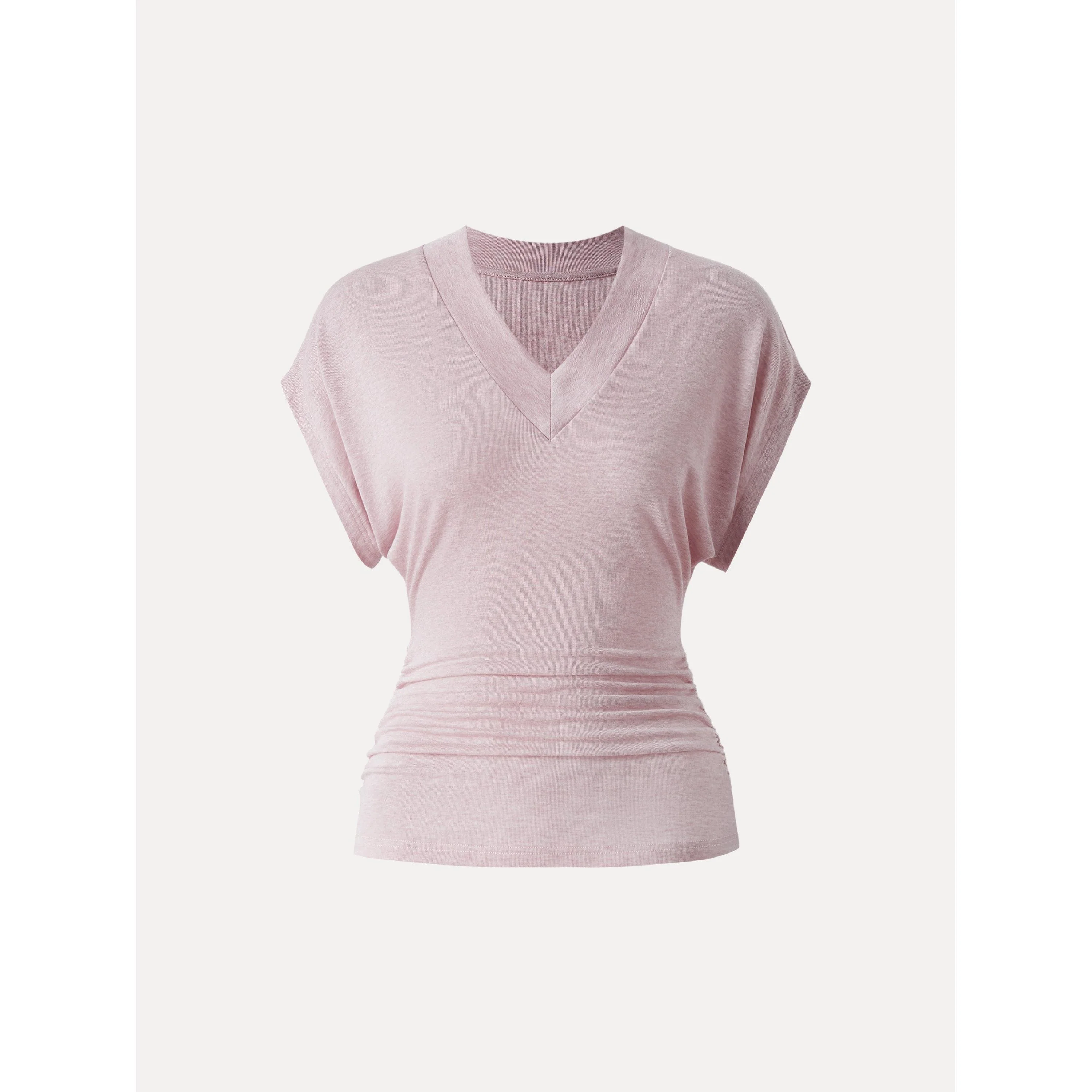 Semi-sheer Lyocell Cashmere Blend V-neck Short Sleeve Side Ruched Tee - Image 14