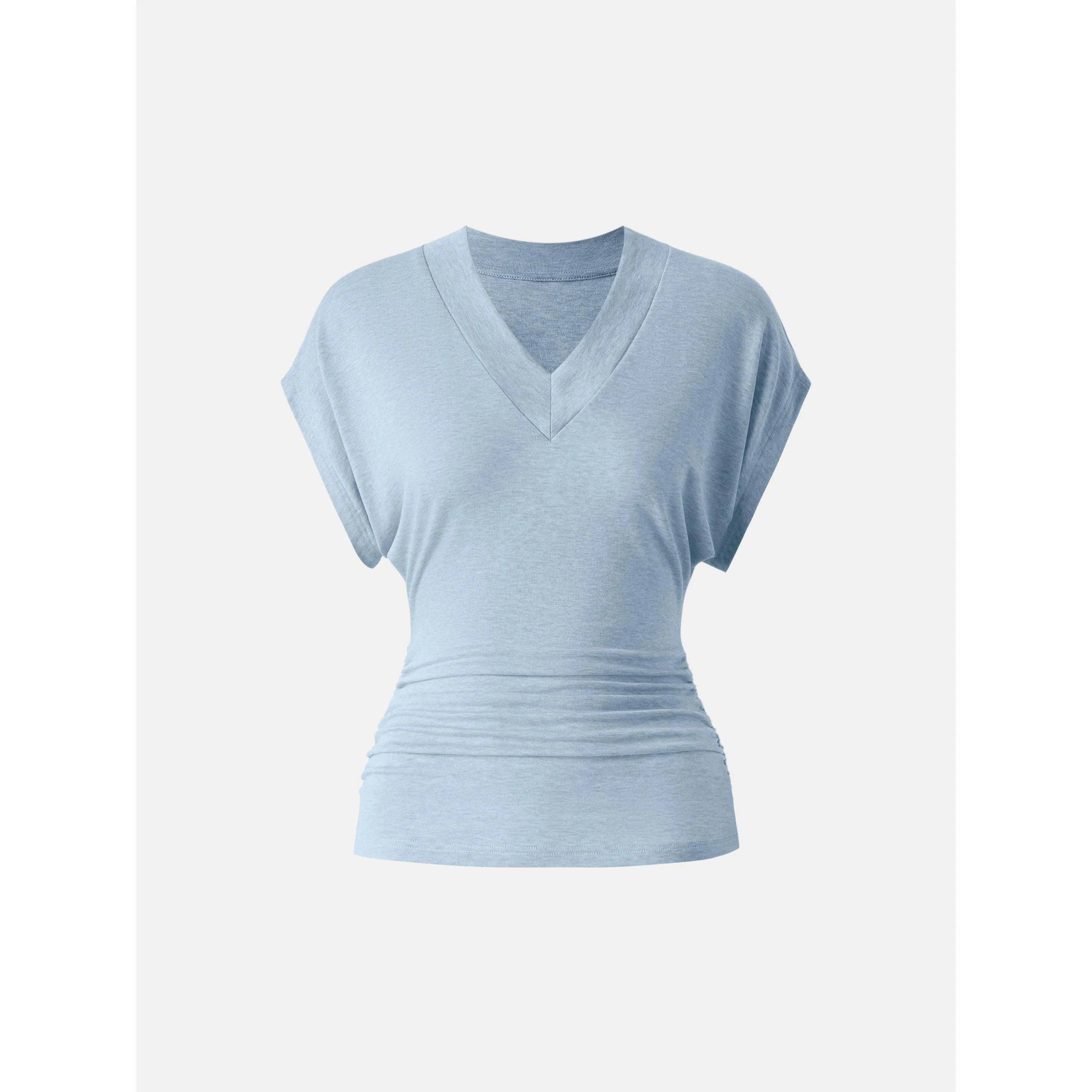 Semi-sheer Lyocell Cashmere Blend V-neck Short Sleeve Side Ruched Tee - Image 16