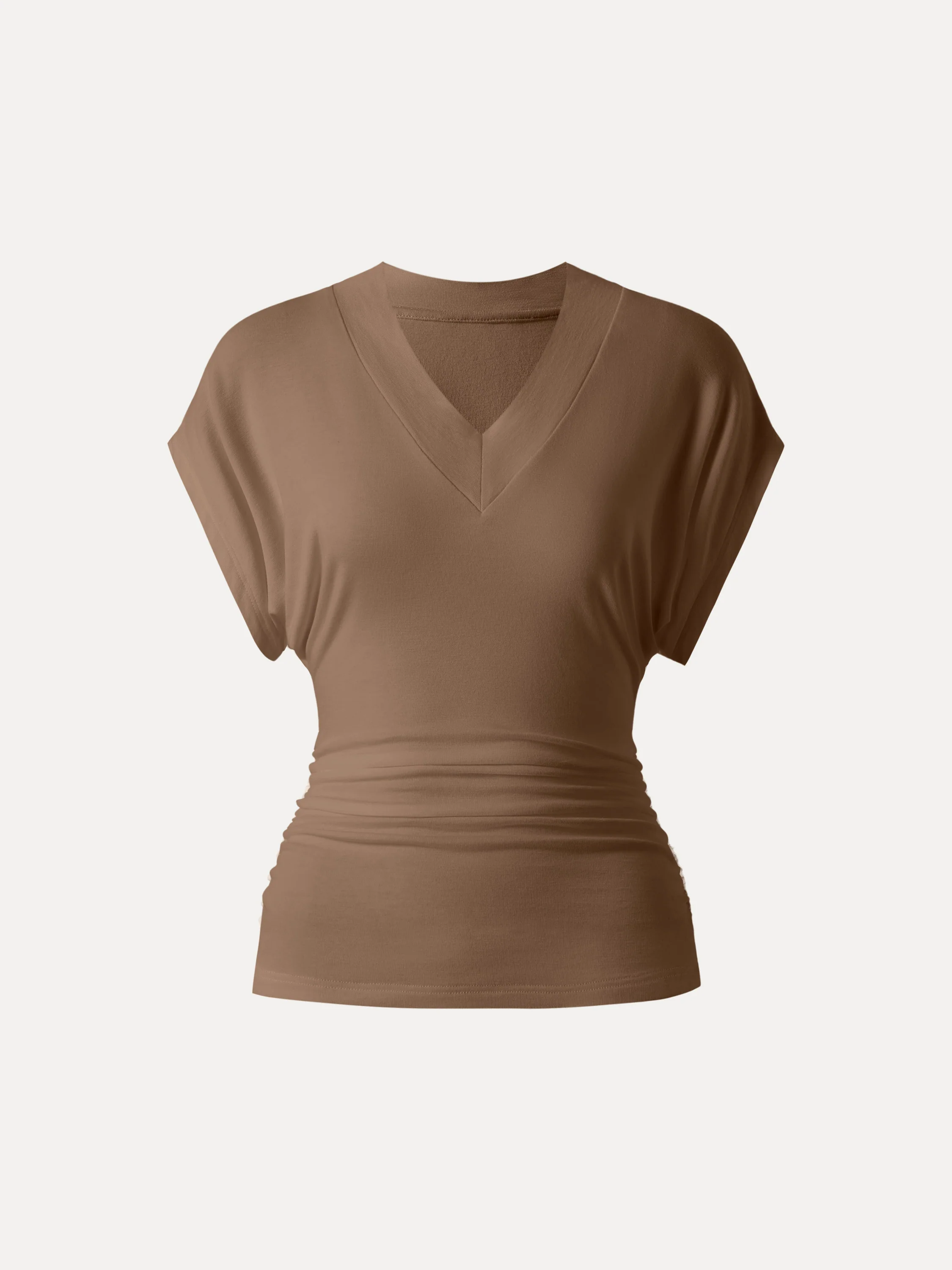 Semi-sheer Lyocell Cashmere Blend V-neck Short Sleeve Side Ruched Tee - Image 17