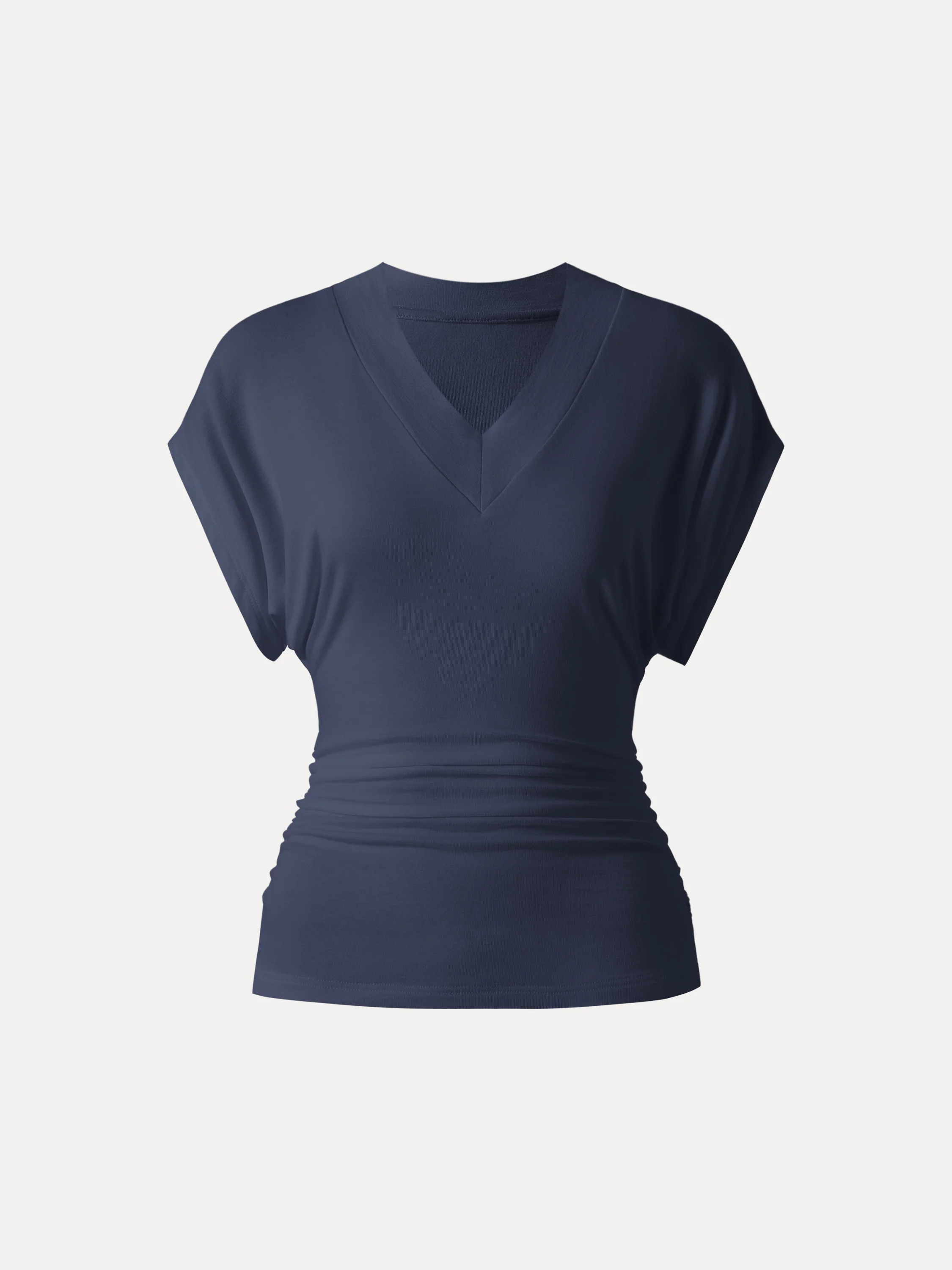 Semi-sheer Lyocell Cashmere Blend V-neck Short Sleeve Side Ruched Tee - Image 18
