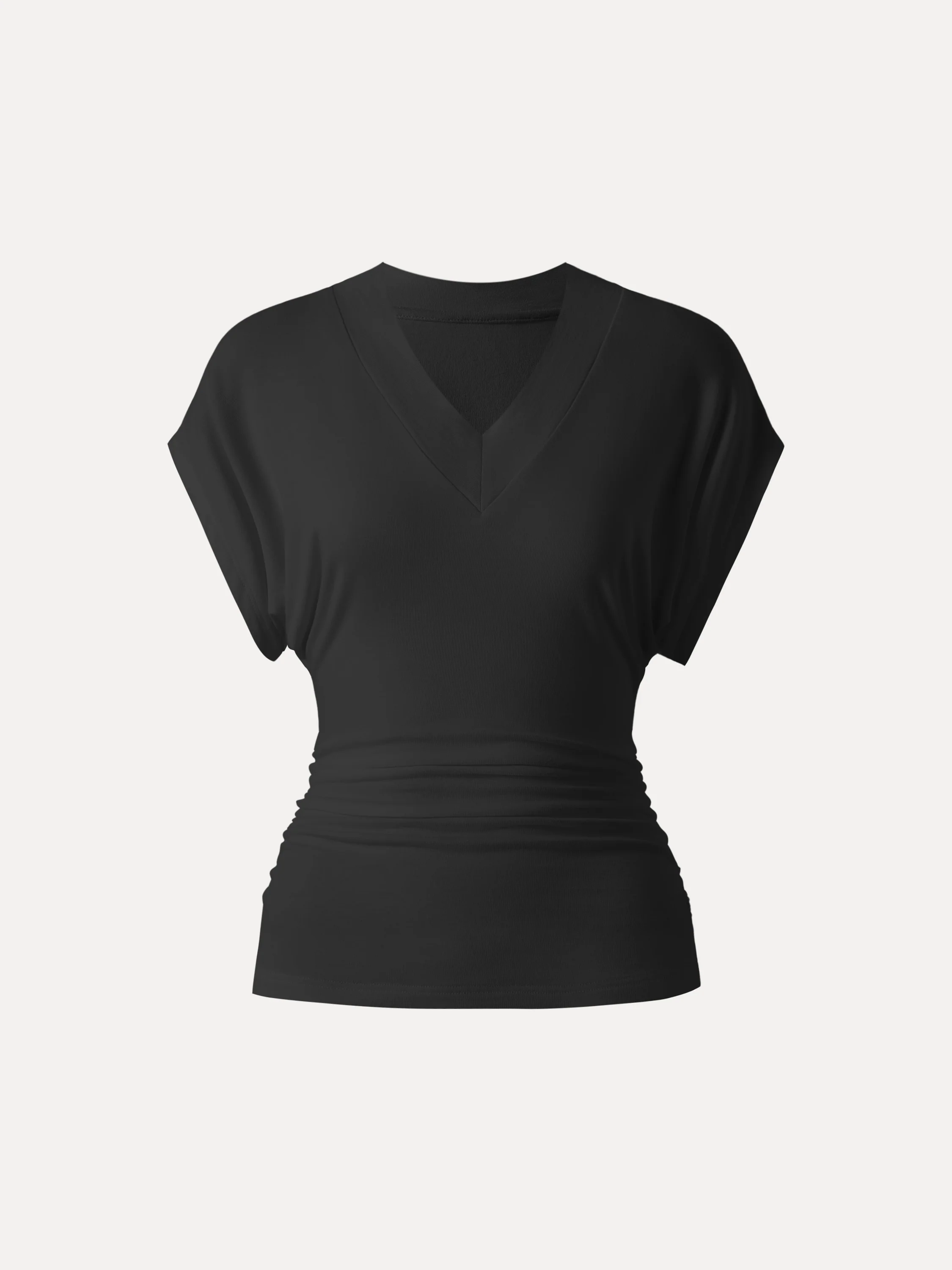 Semi-sheer Lyocell Cashmere Blend V-neck Short Sleeve Side Ruched Tee - Image 19