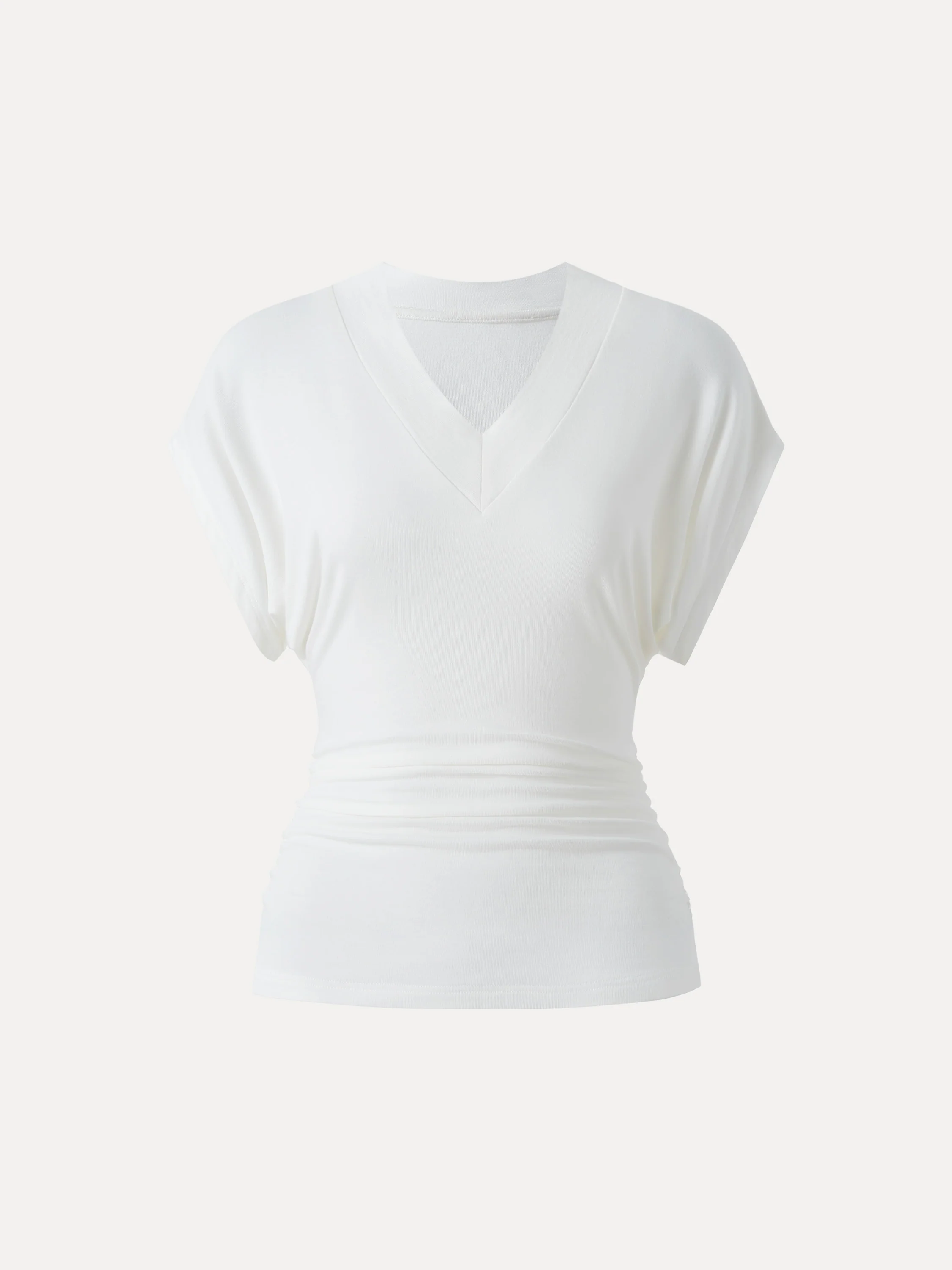 Semi-sheer Lyocell Cashmere Blend V-neck Short Sleeve Side Ruched Tee - Image 3