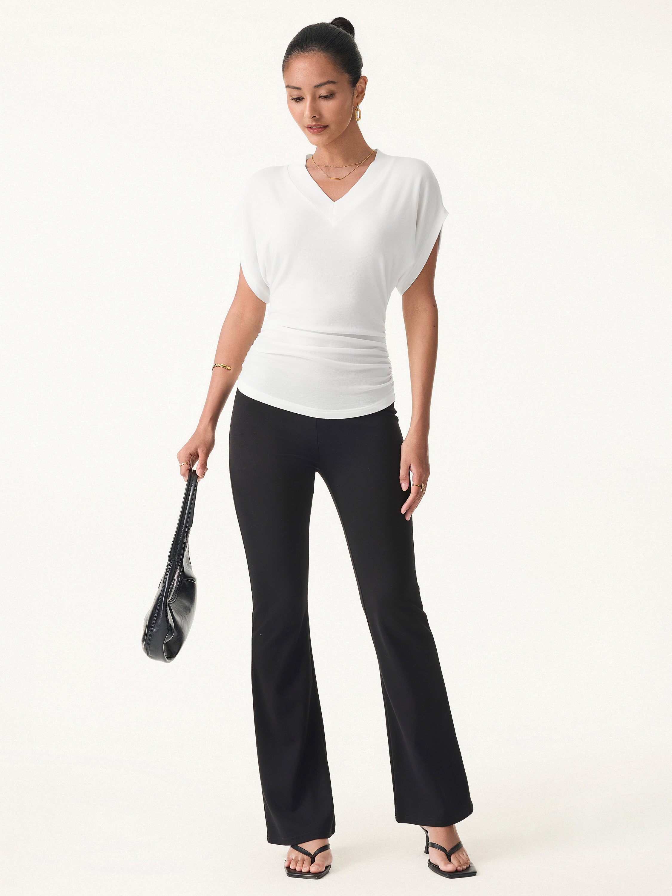 Semi-sheer Lyocell Cashmere Blend V-neck Short Sleeve Side Ruched Tee - Image 5