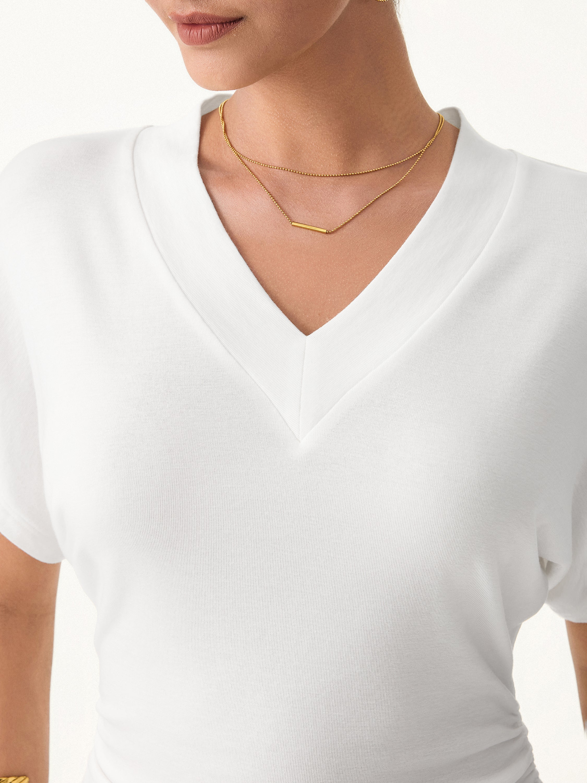 Semi-sheer Lyocell Cashmere Blend V-neck Short Sleeve Side Ruched Tee - Image 6