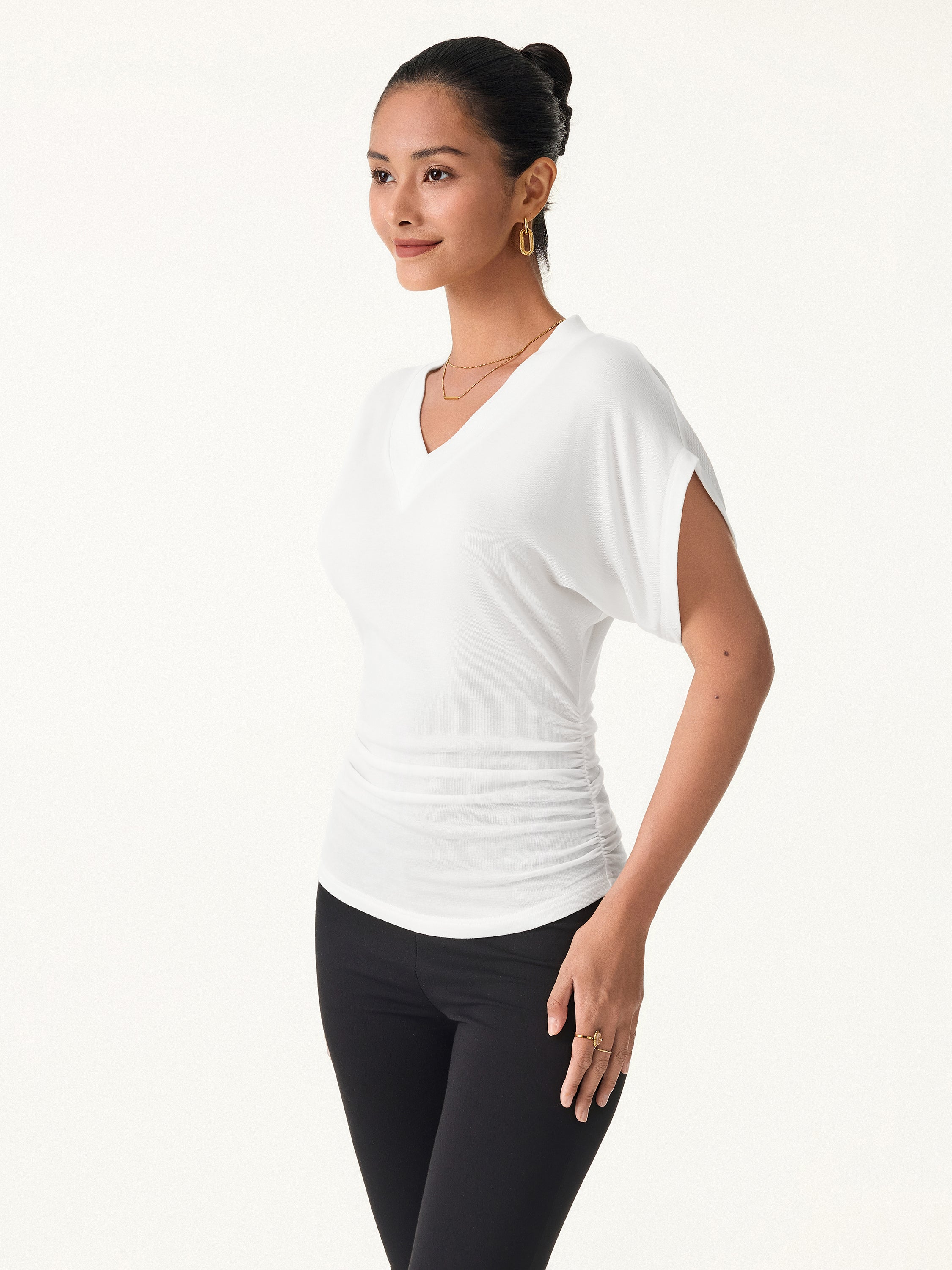 Semi-sheer Lyocell Cashmere Blend V-neck Short Sleeve Side Ruched Tee - Image 8