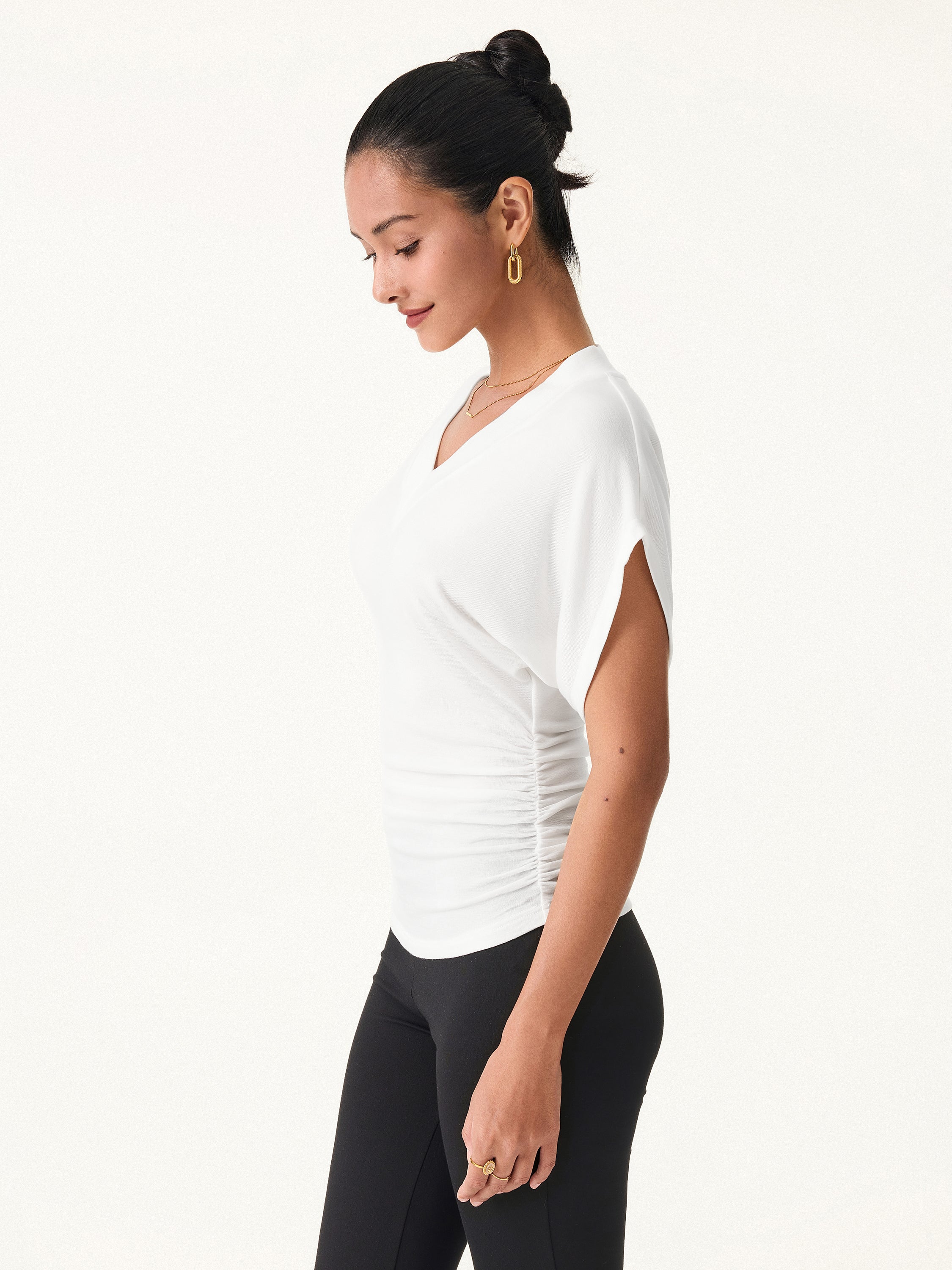 Semi-sheer Lyocell Cashmere Blend V-neck Short Sleeve Side Ruched Tee - Image 9