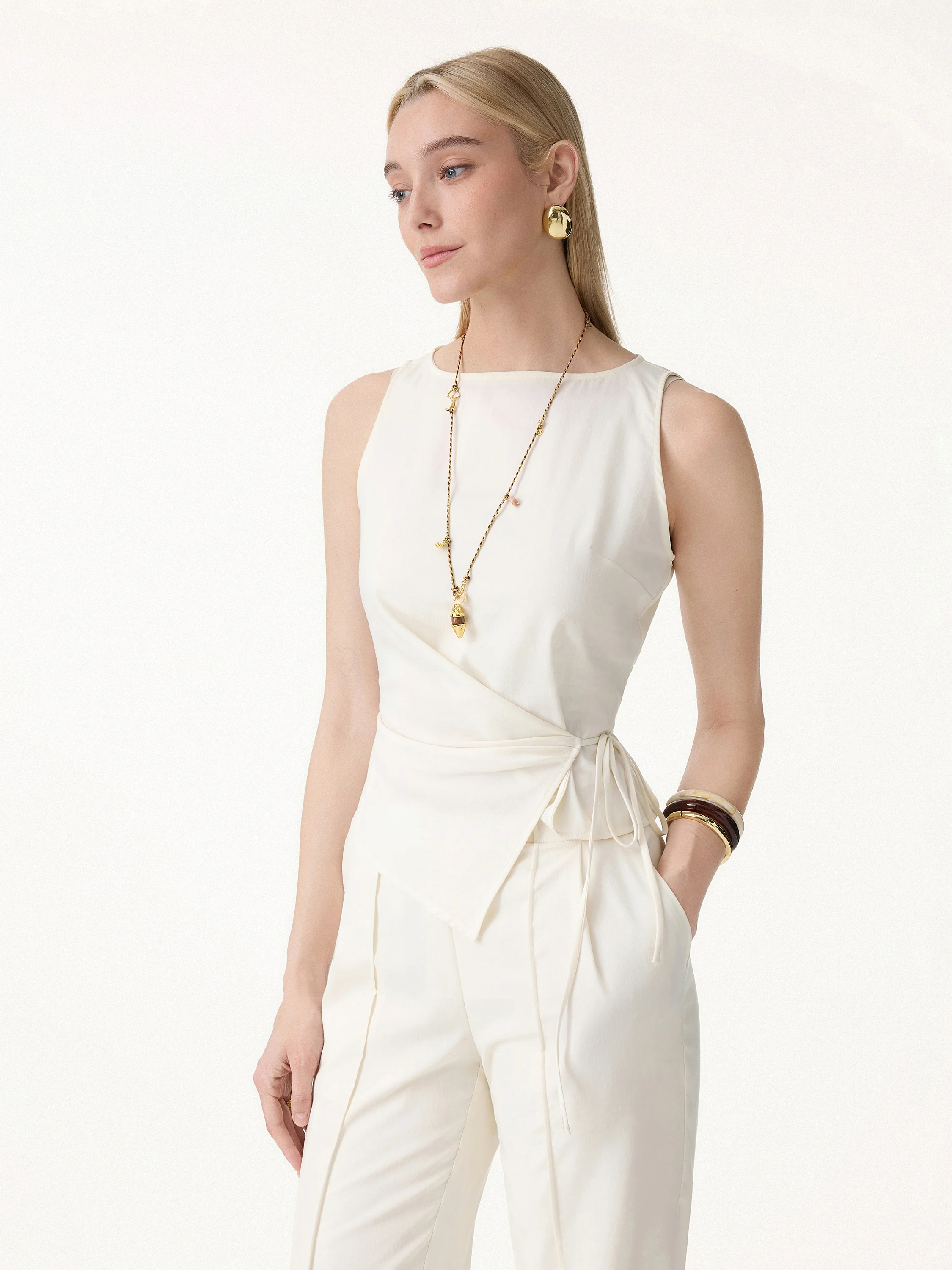 Lyocell-Linen Blend Boatneck Waist-Defined Top