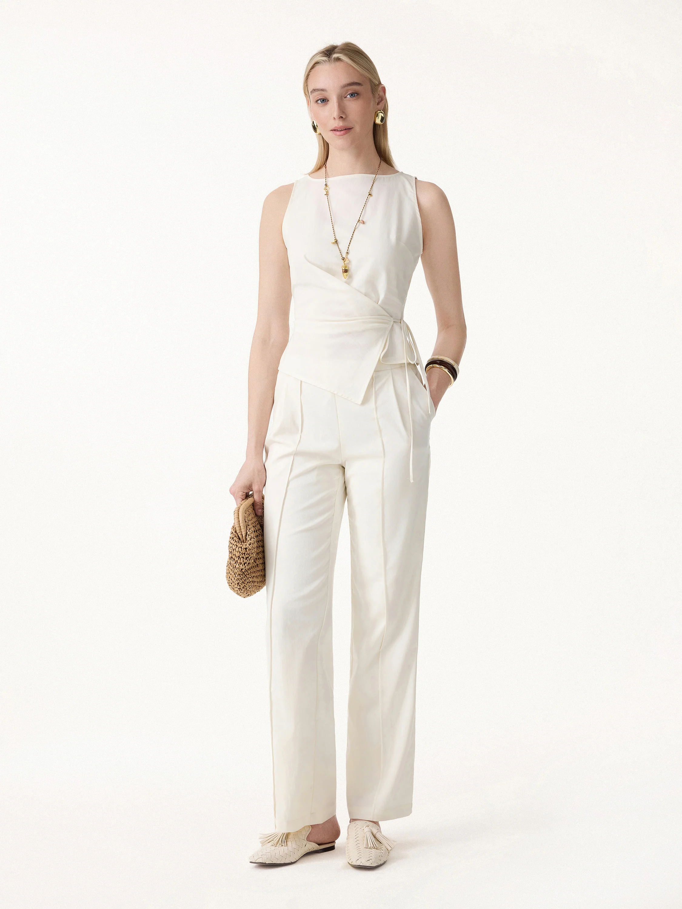 Lyocell-Linen Blend Boatneck Waist-Defined Top - Image 4