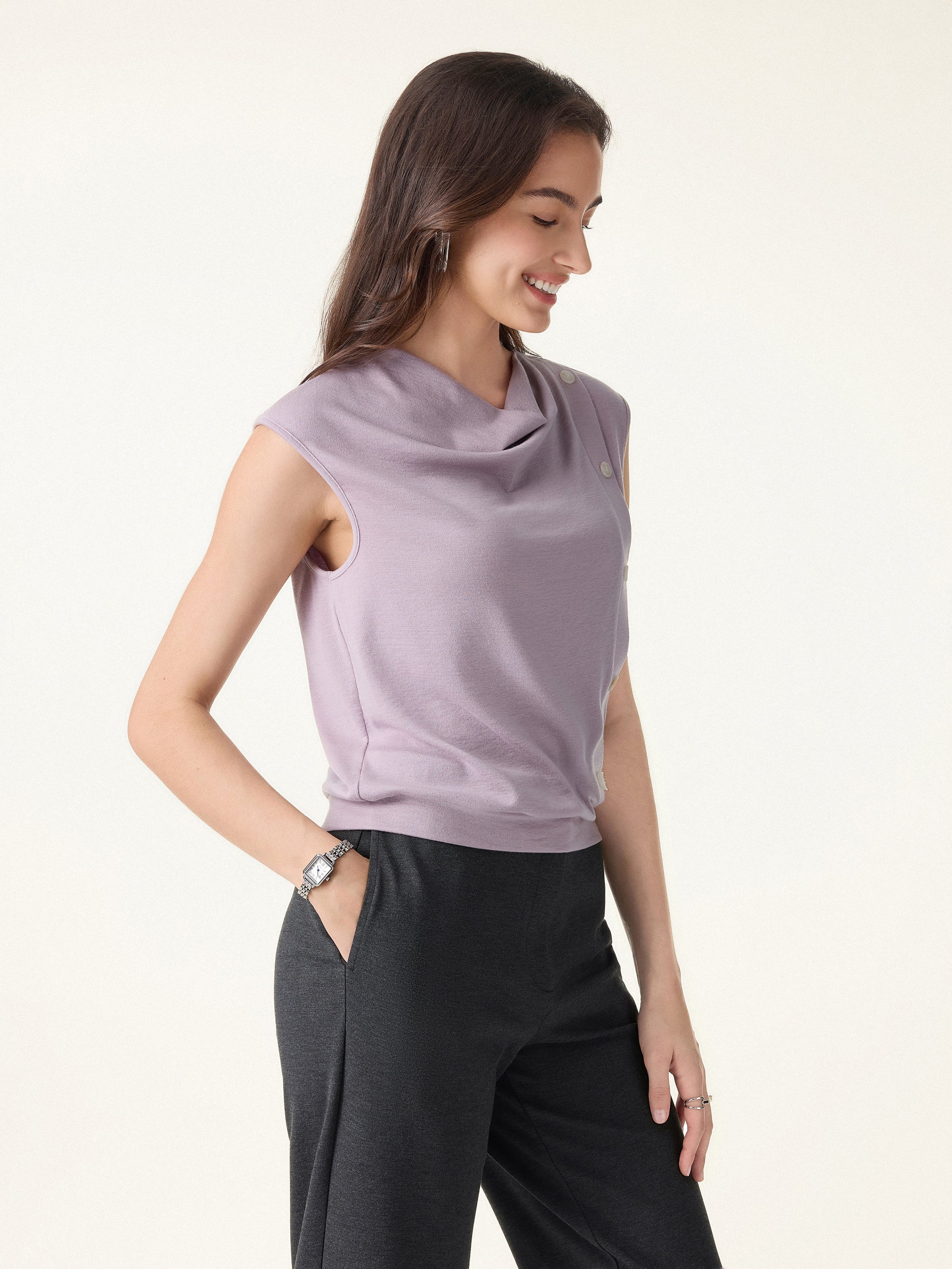 Lyocell Wool Cowl Neck Top with Banded Hem - Image 7