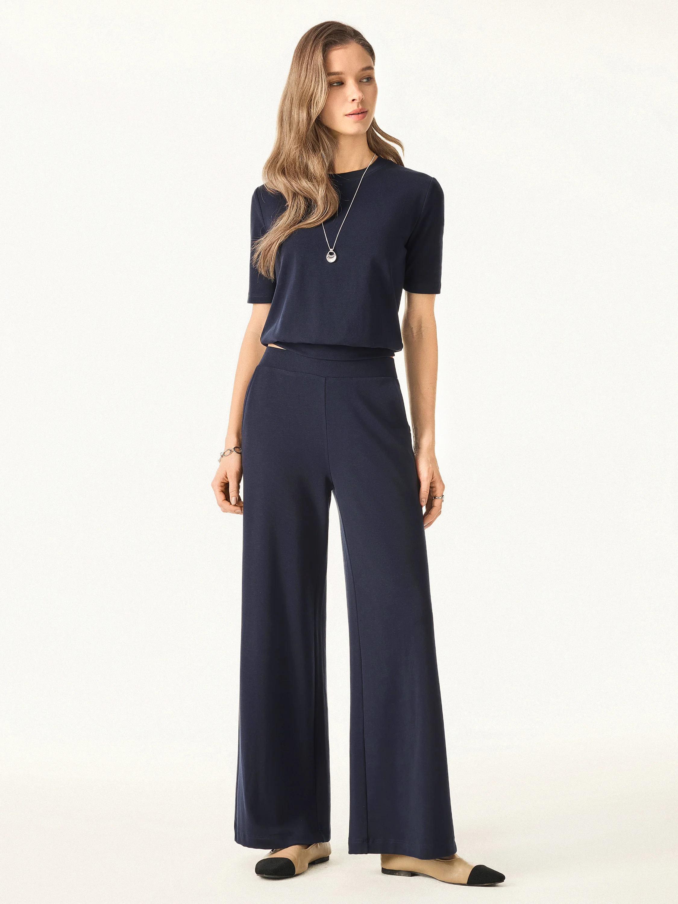 Lyocell Wool Mid Rise Wide Leg Pull-on Pants with Pockets - Image 2