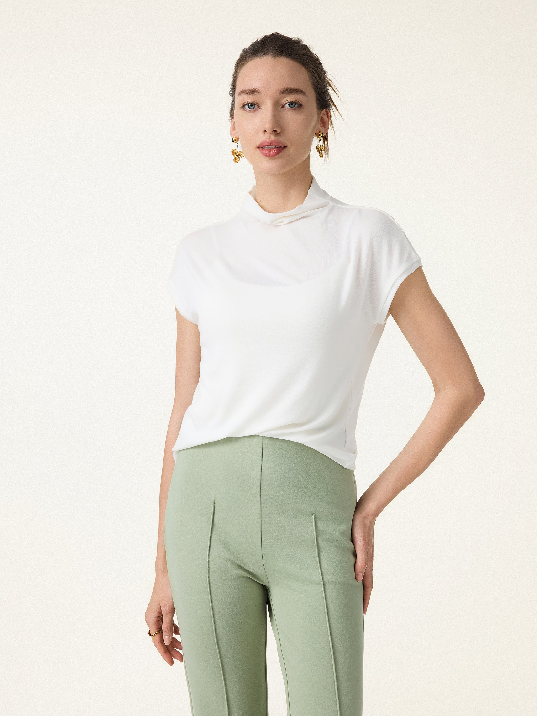 Lyocell Wool Semi-Sheer Mockneck Cap Sleeve Top - Image 3